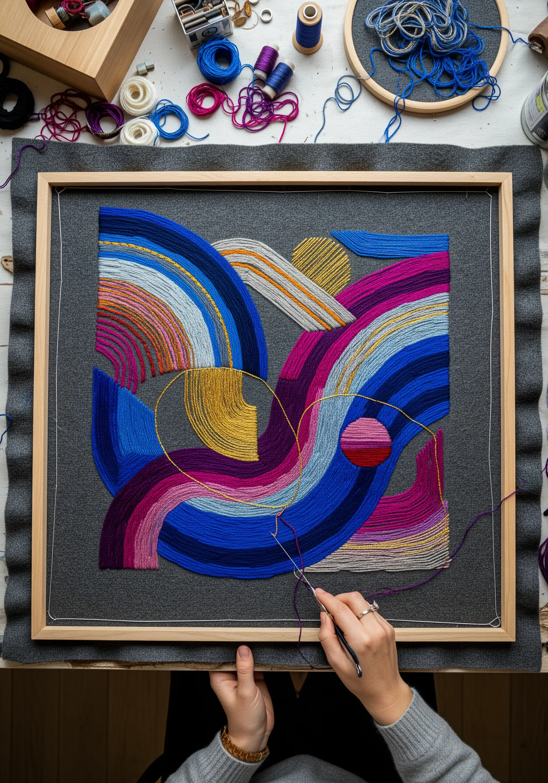A framed piece of abstract embroidery with colorful, curving lines and shapes on gray fabric.
