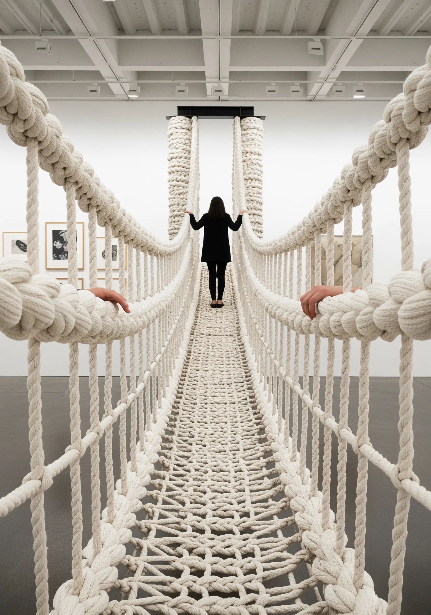 A suspended bridge made entirely of thick, white rope, showcasing structural knotting techniques.