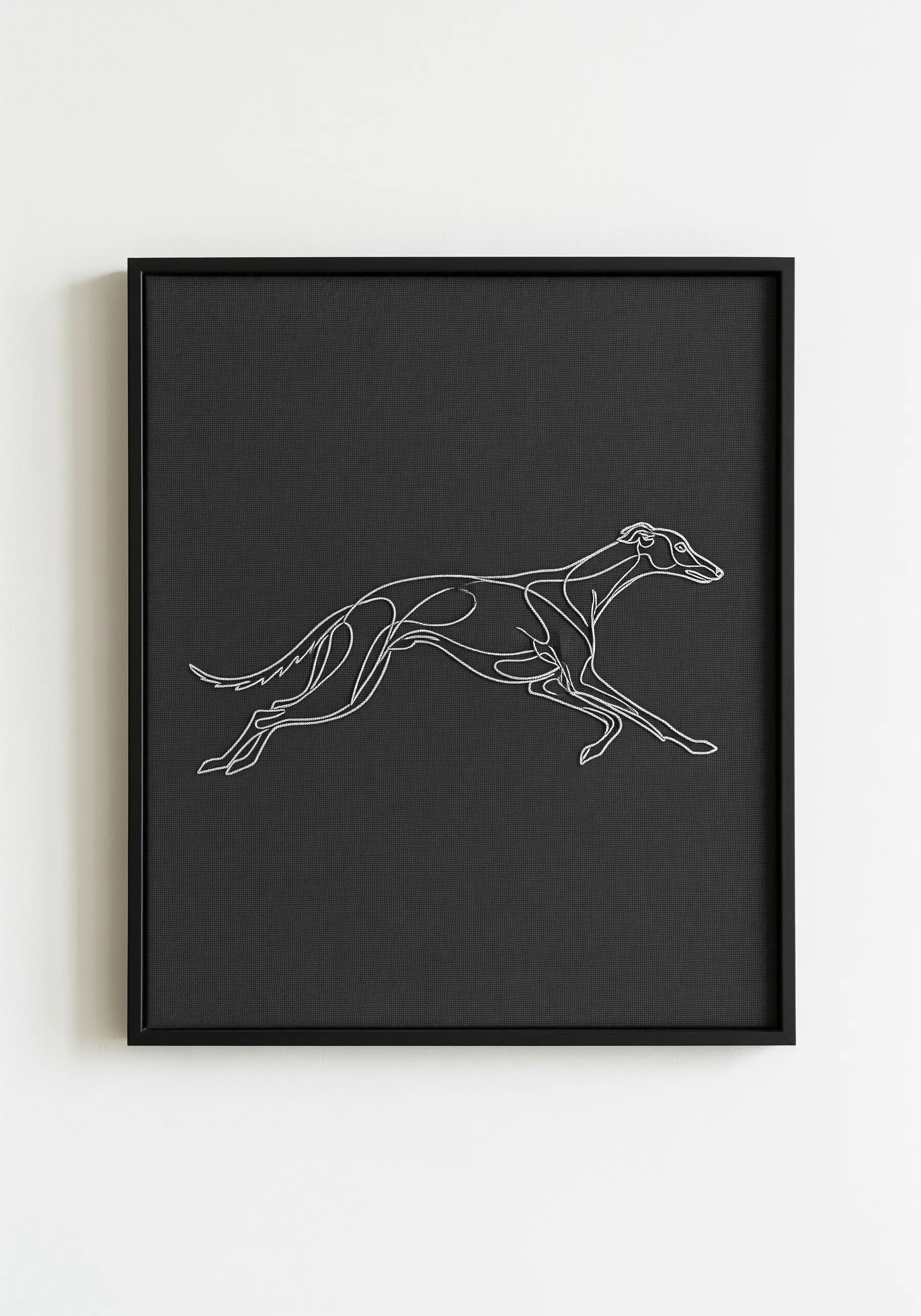 A minimalist white line art embroidery of a running greyhound on a black canvas background.