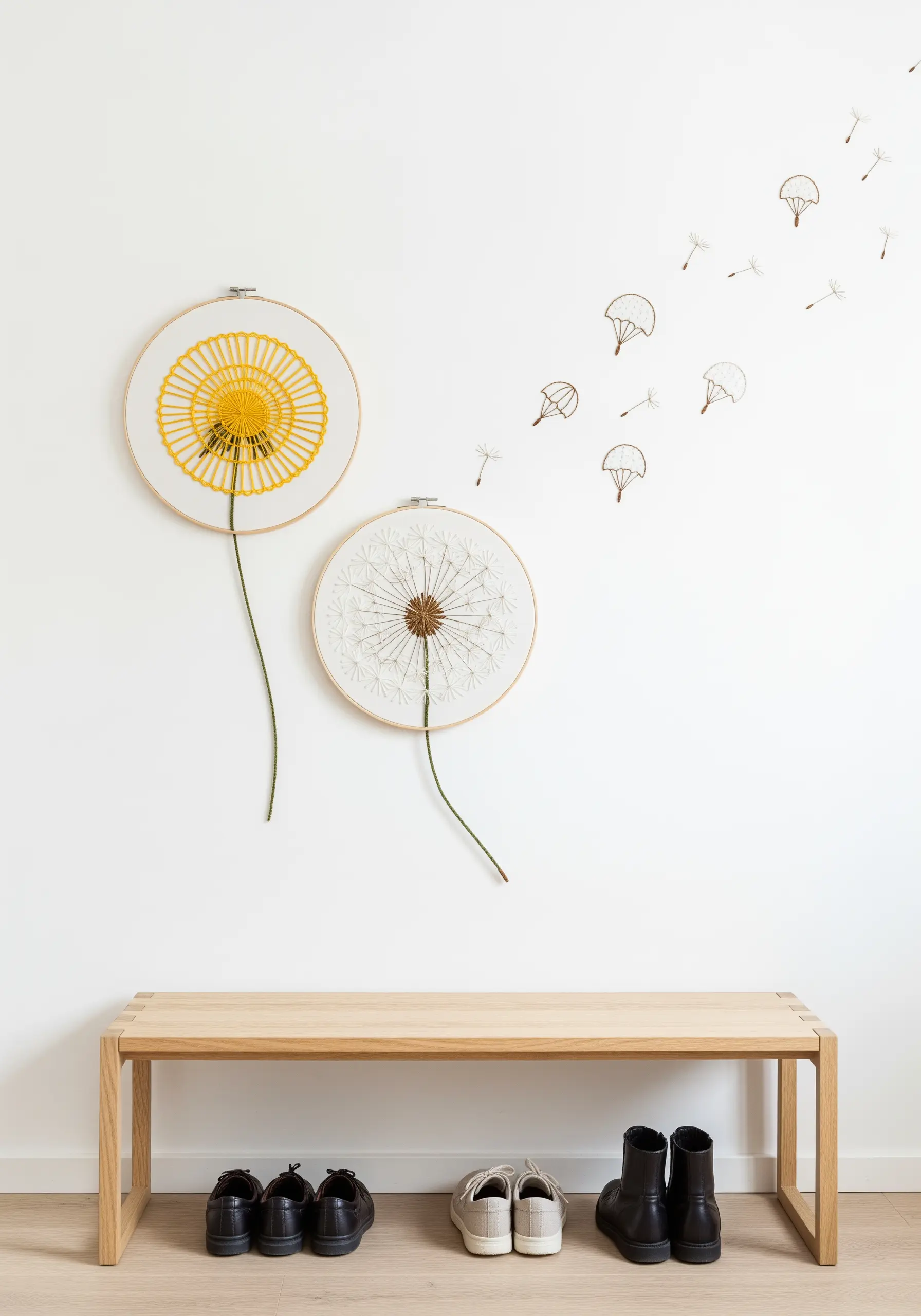 Two embroidered dandelions with stems and seeds extending beyond the hoops onto the wall.