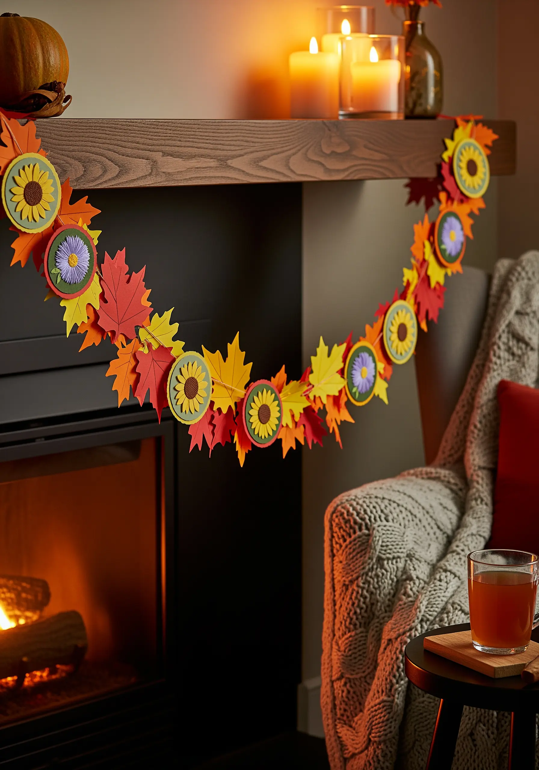 A festive autumn garland with paper leaves and circular medallions featuring embroidered sunflowers.