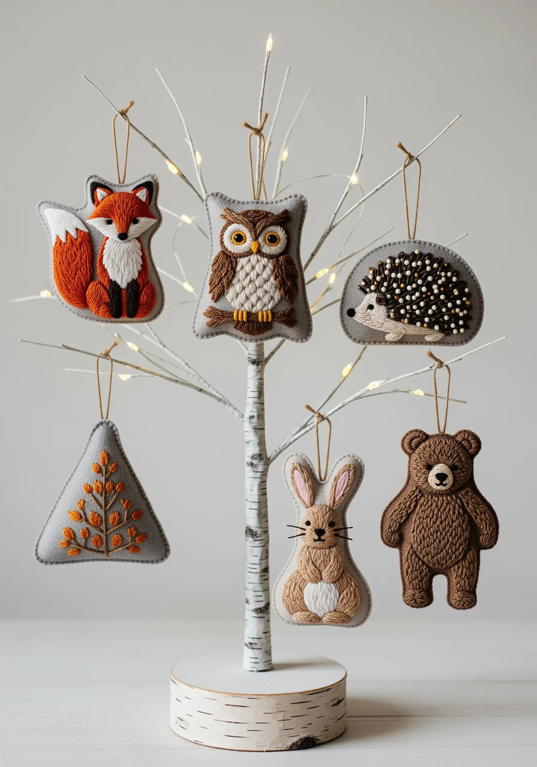 A collection of embroidered felt woodland animal ornaments—fox, owl, hedgehog, bunny, bear—on a small white tree.