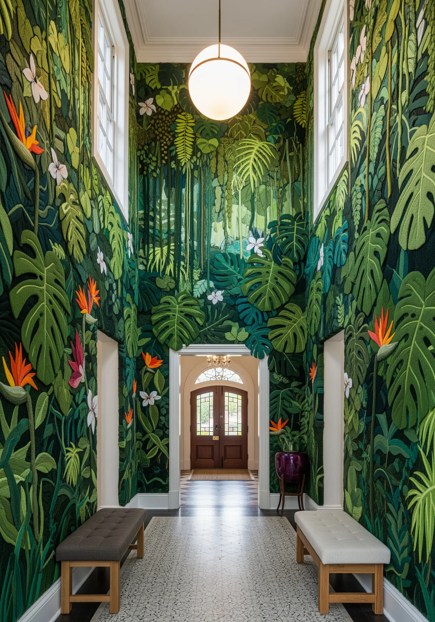 An entire hallway covered in a floor-to-ceiling embroidery mural of dense, layered jungle leaves.