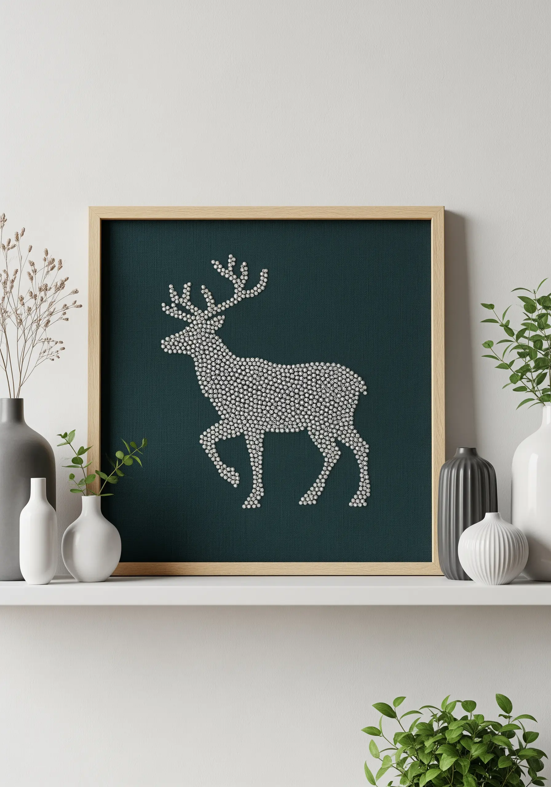 A stag silhouette filled entirely with white French knots on a dark teal background.