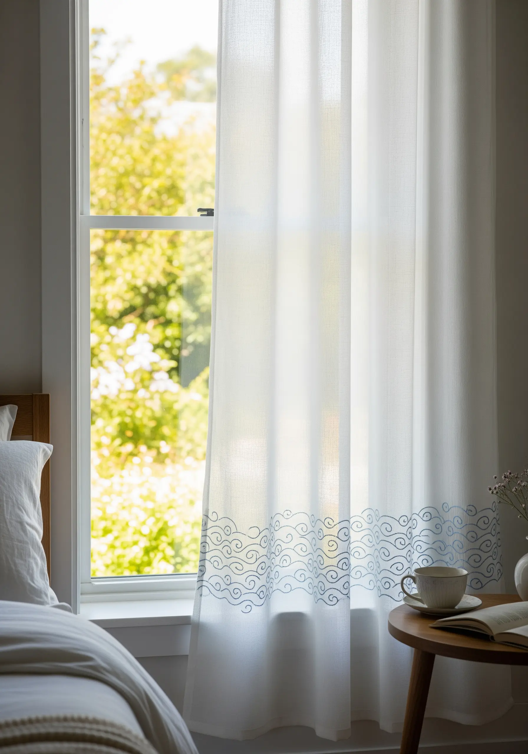 Blue wave pattern embroidered along the bottom of a sheer white curtain.