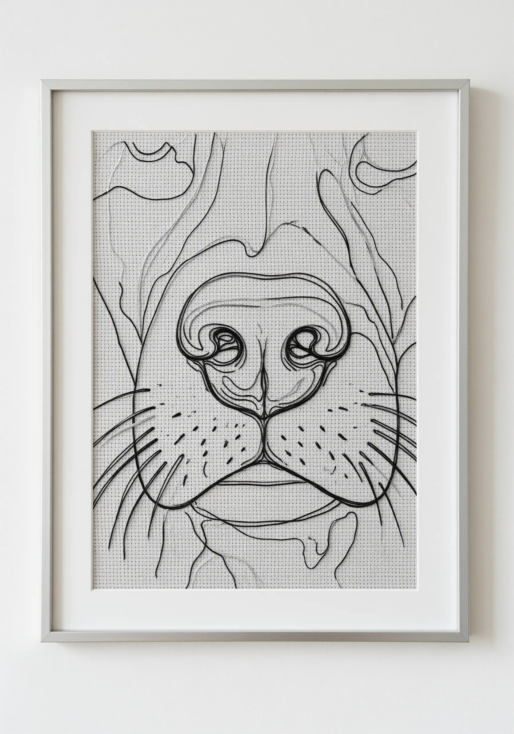 A framed, close-up abstract embroidery of a dog's nose, mouth, and whiskers.