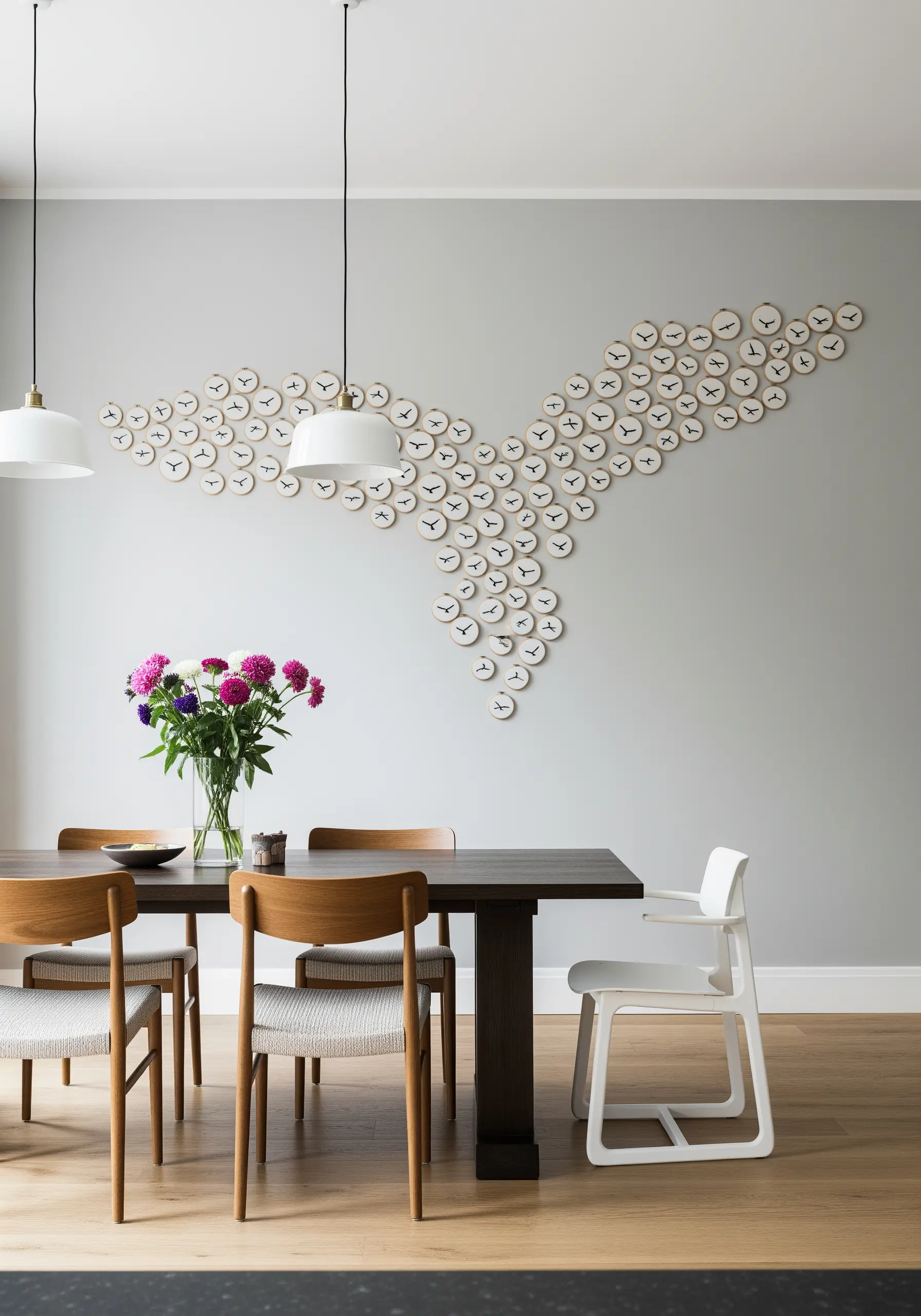 A large-scale wall mural forming a whale's tail from dozens of tiny embroidered clocks.