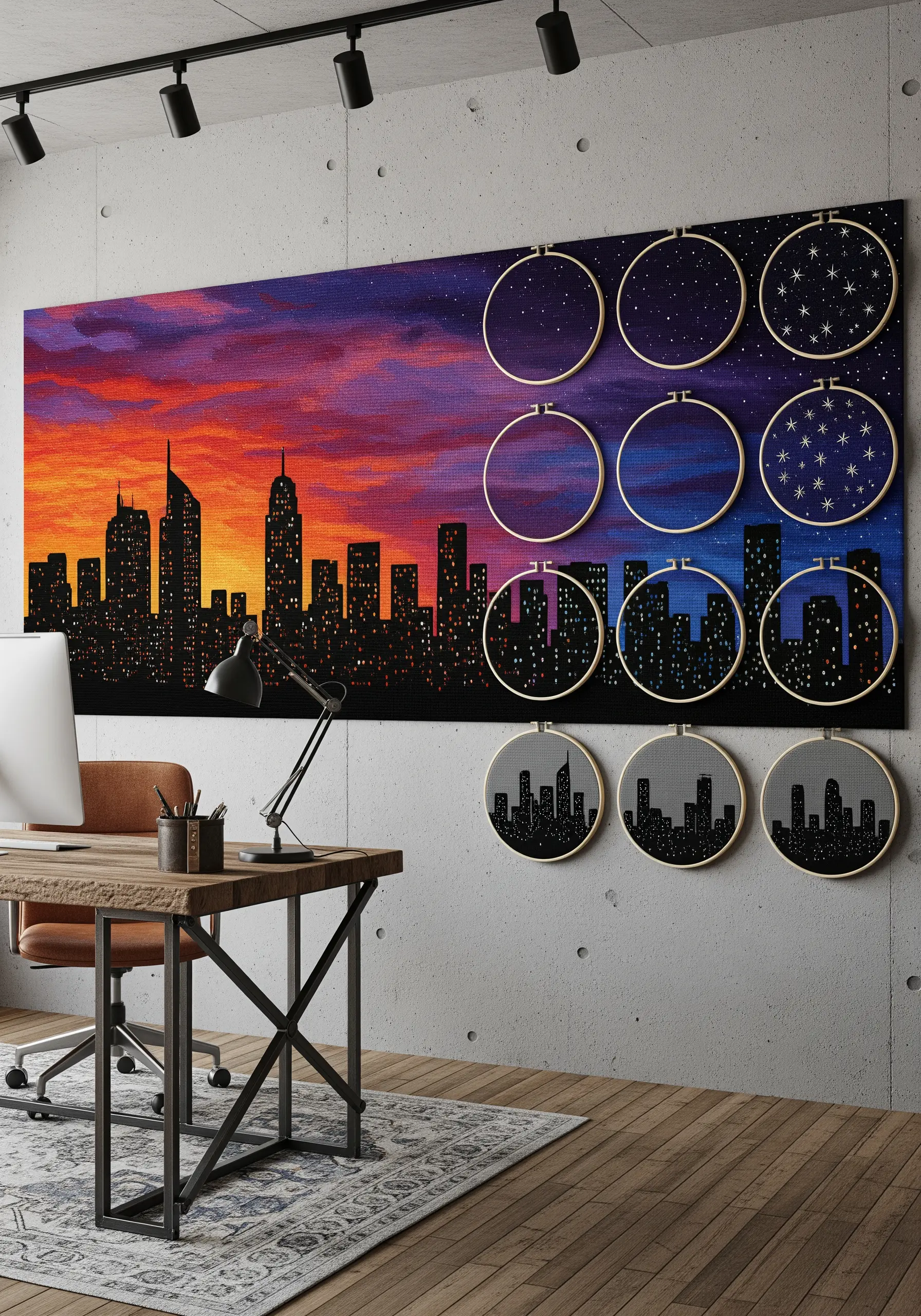 A large embroidered cityscape at sunset, with empty hoops framing sections of the night sky.