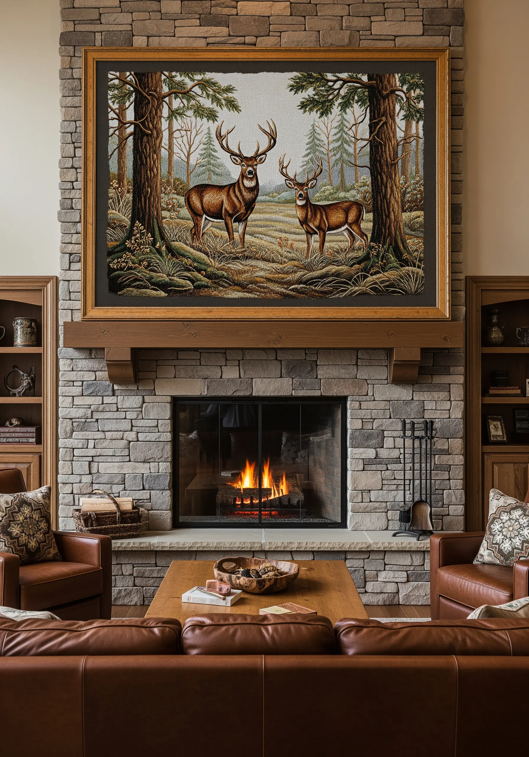 A large, framed embroidery of two deer in a forest, hanging above a stone fireplace.