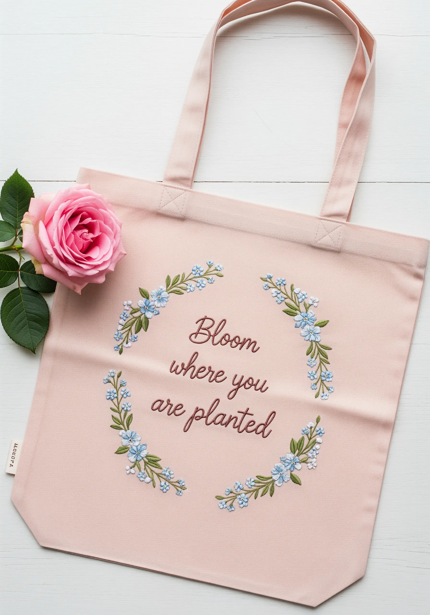 Pink tote bag with an elegant floral wreath encircling the quote 'Bloom where you are planted'.