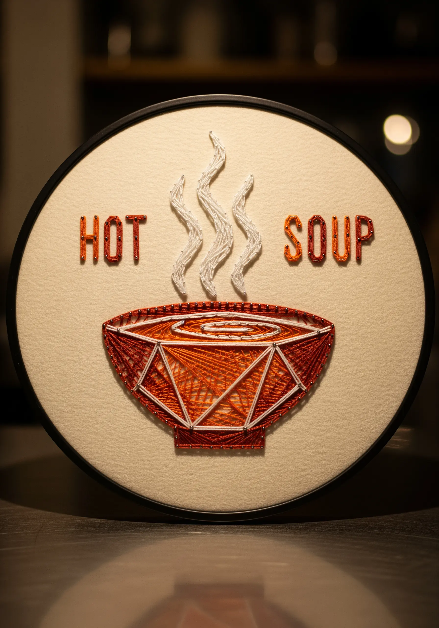 A bowl of soup embroidered with a geometric web of orange and red thread and white outlines.