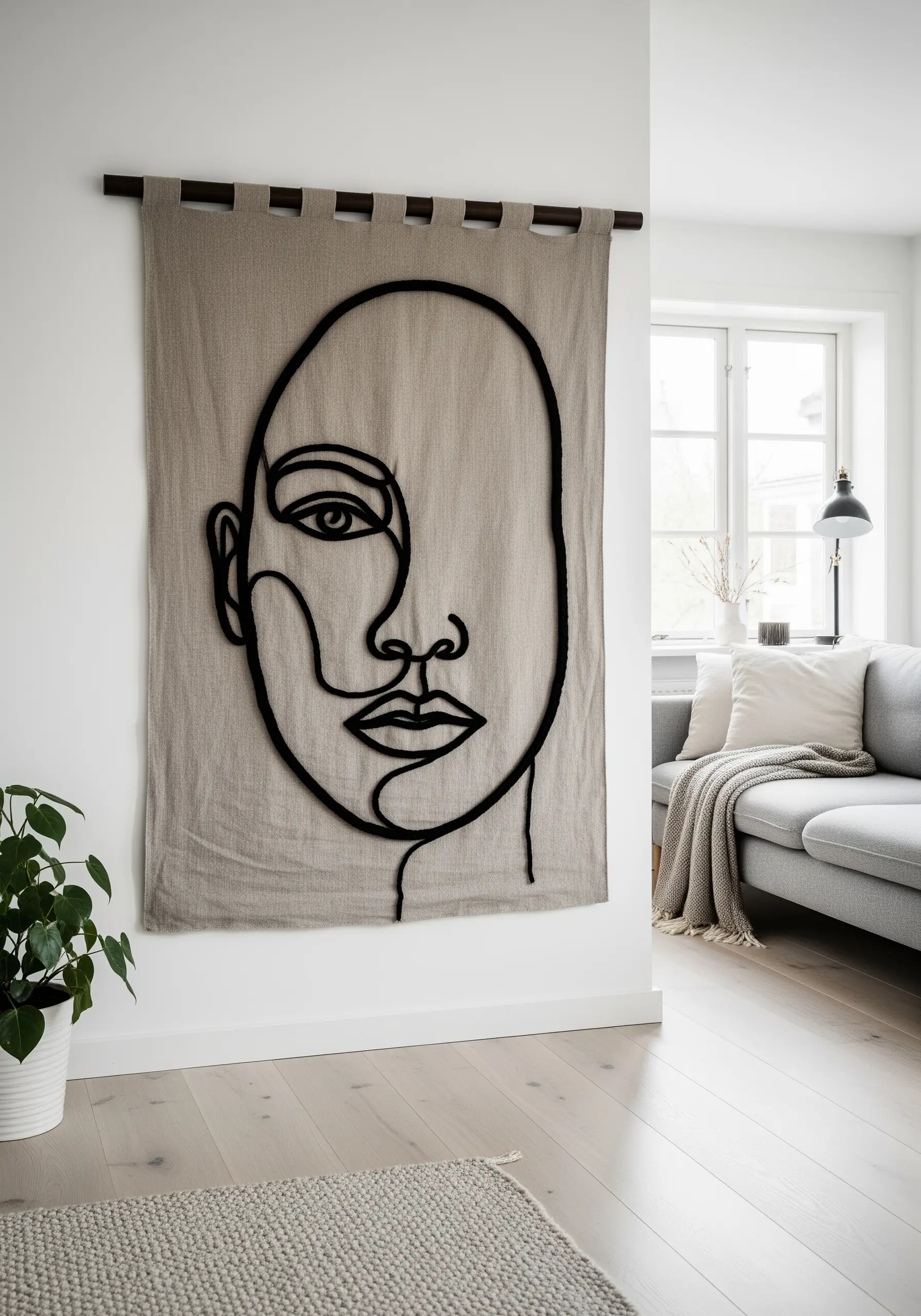 Large-scale continuous line art face on a linen wall hanging using couched black yarn.