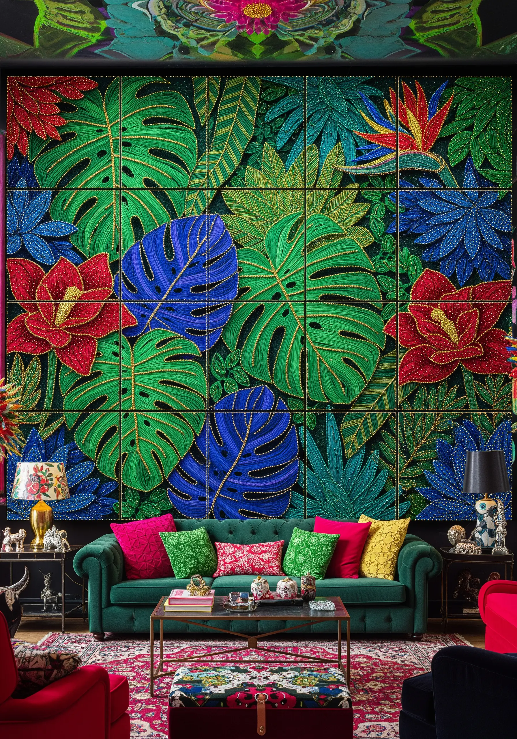 A maximalist tiled mural of colorful jungle leaves and flowers in string art.