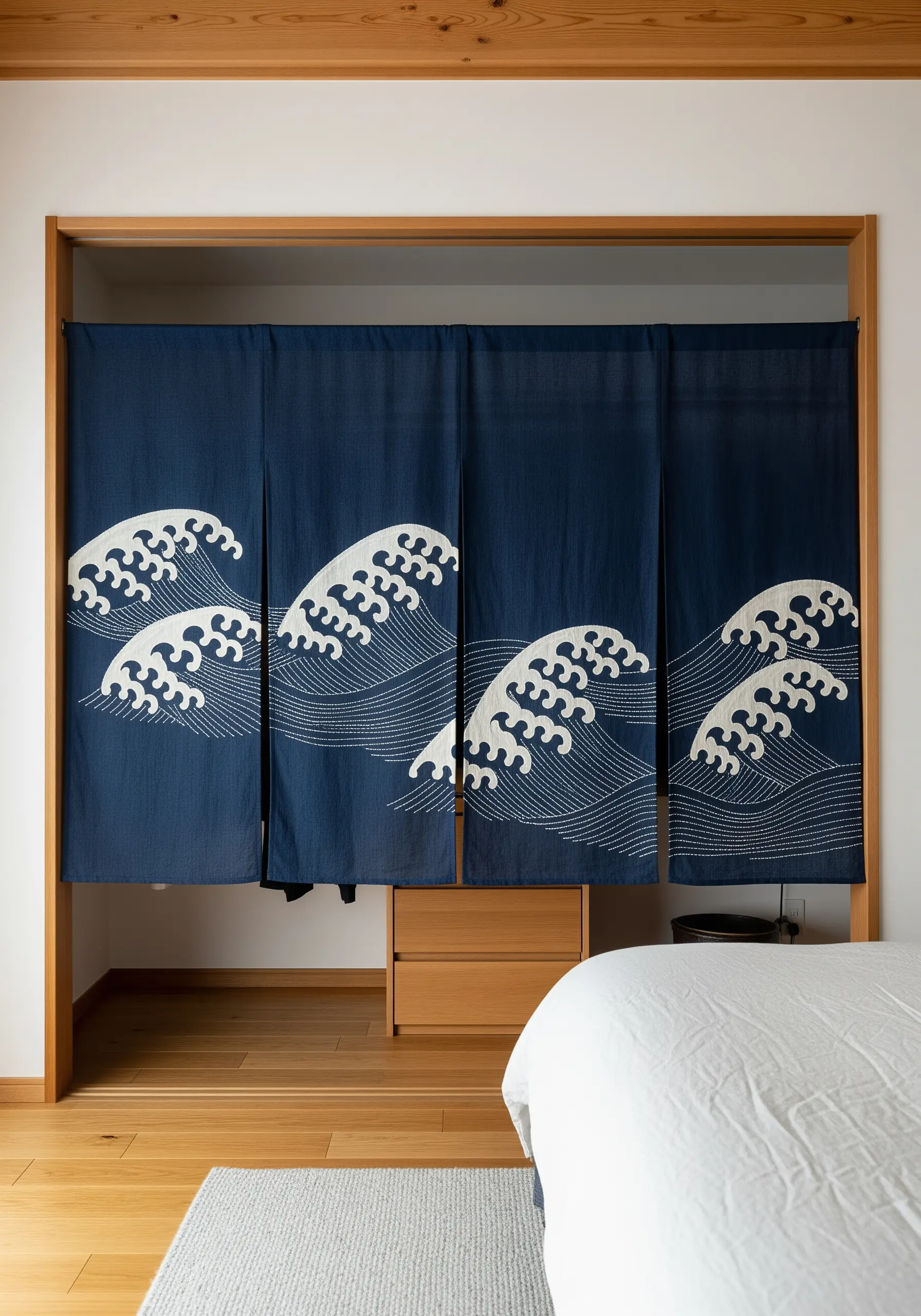 Japanese Noren curtain with large, graphic embroidered waves in white on indigo fabric.