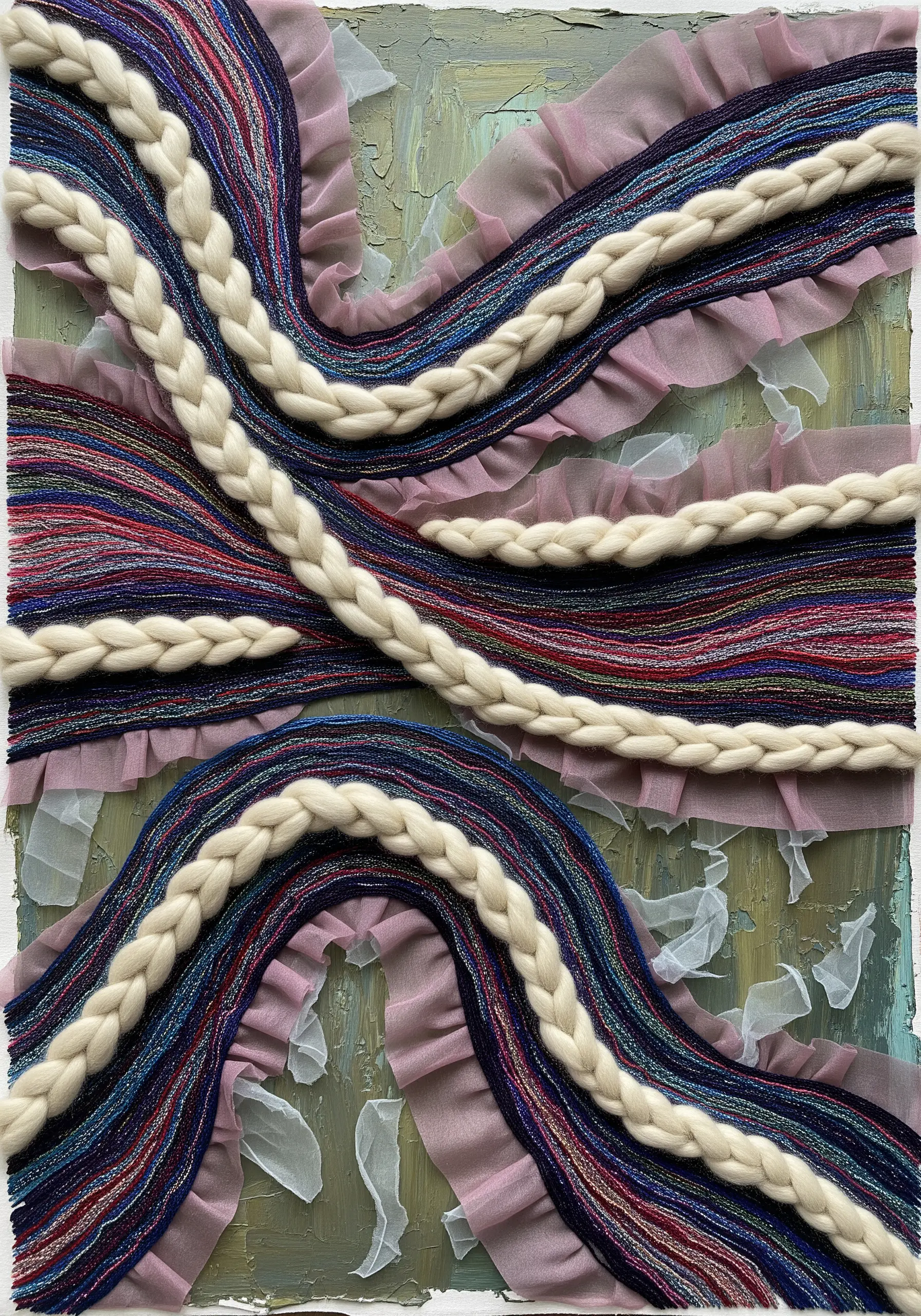 Abstract fiber art with couched wool braids, iridescent threads, and pink ruffled fabric.