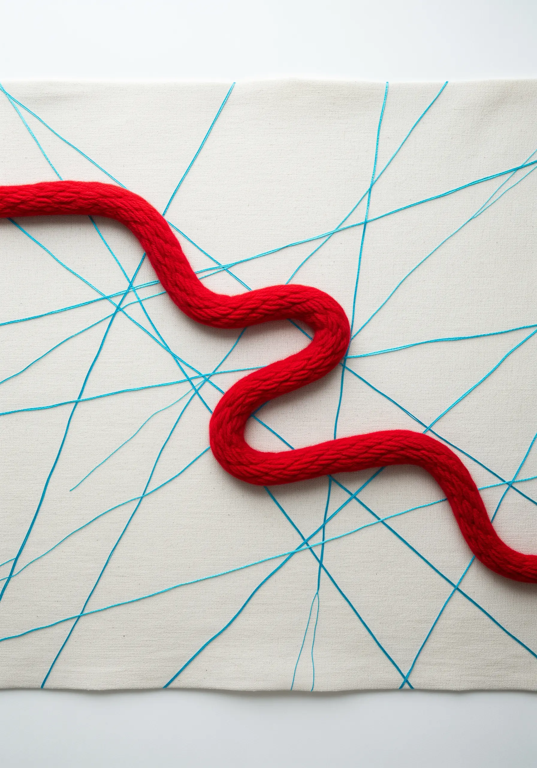 A thick, winding red yarn contrasts with thin, chaotic blue threads on a white canvas.
