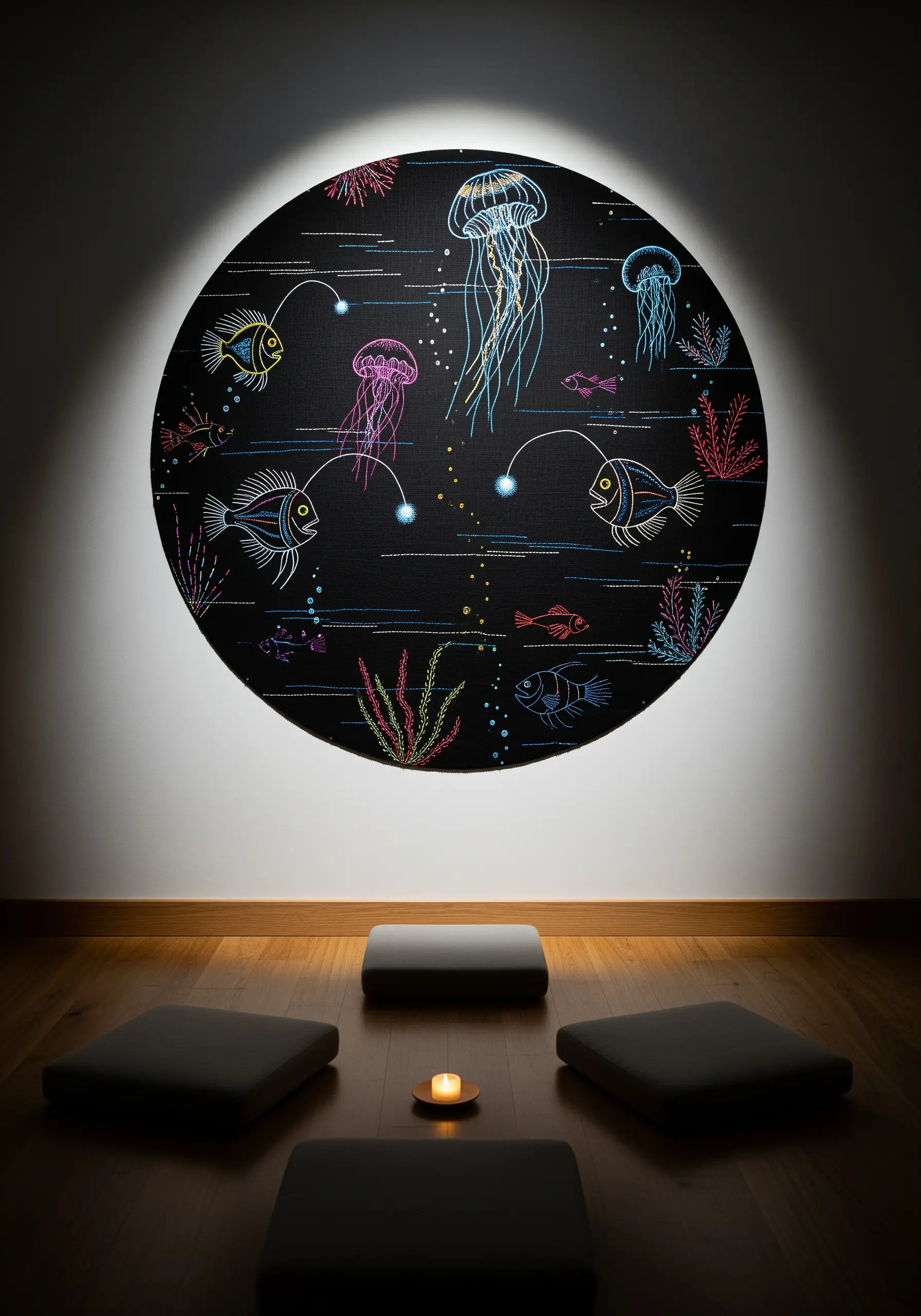 Circular embroidery of deep-sea bioluminescent creatures stitched with neon threads on black fabric.
