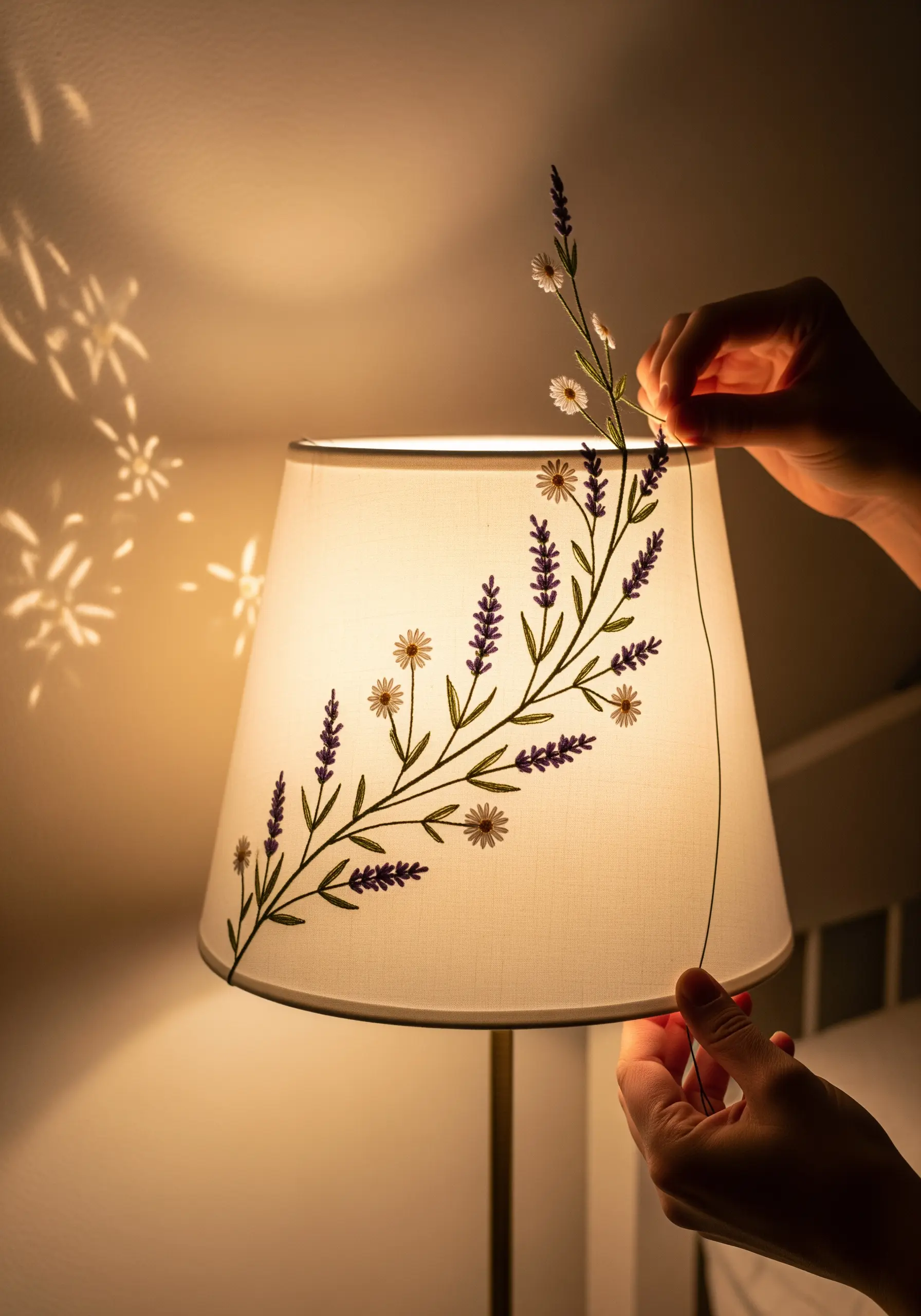 Delicate floral and lavender embroidery climbing up a fabric lampshade, illuminated from within.