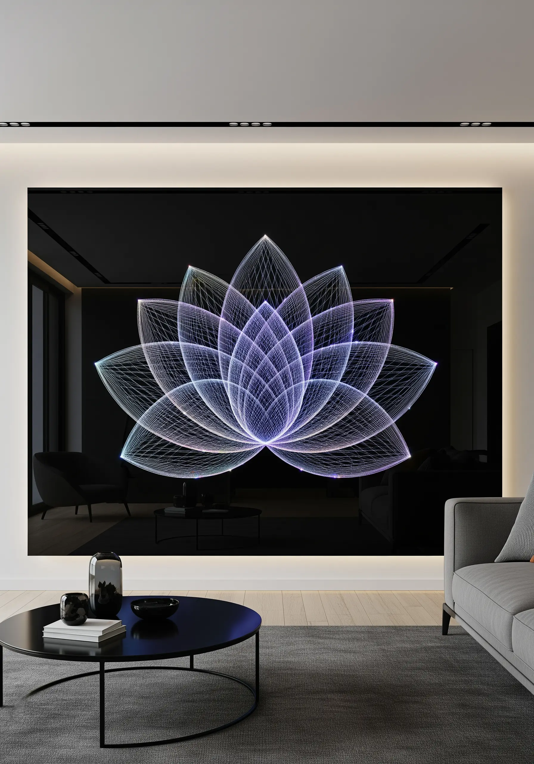 A backlit string art lotus flower glowing with iridescent purple and blue light.