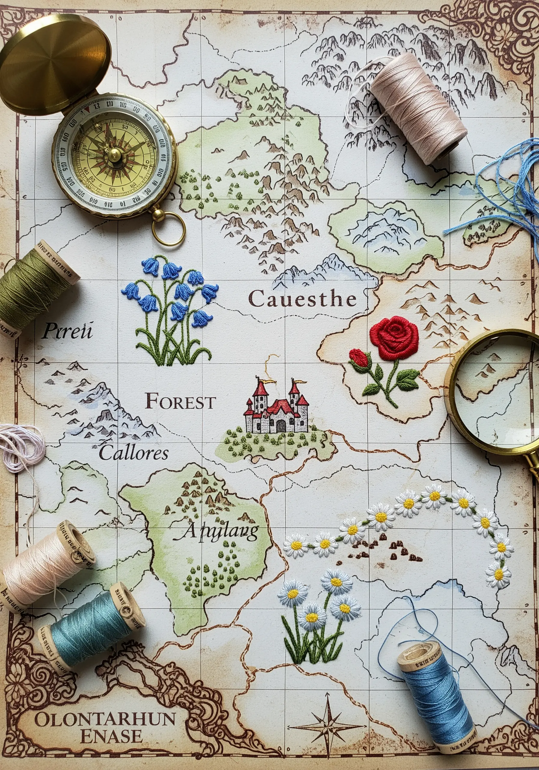 A fantasy map on paper with key locations like forests and castles highlighted with embroidery.