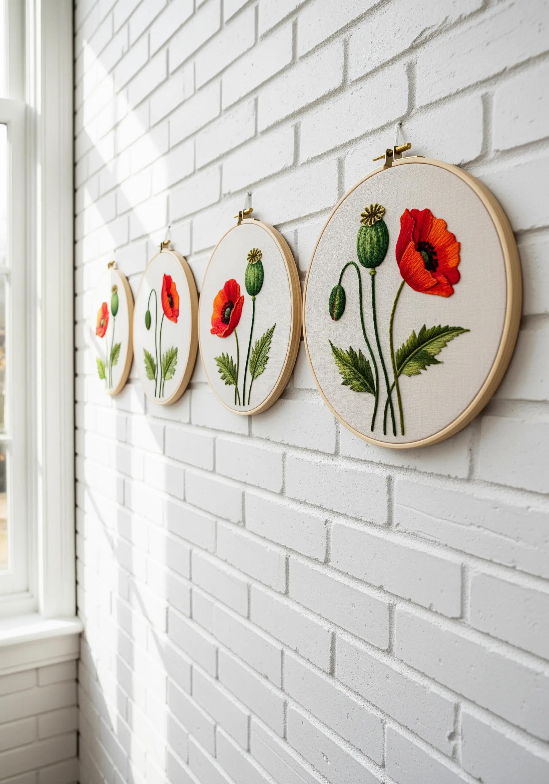 A series of four embroidery hoops showing the life cycle of a red poppy flower.