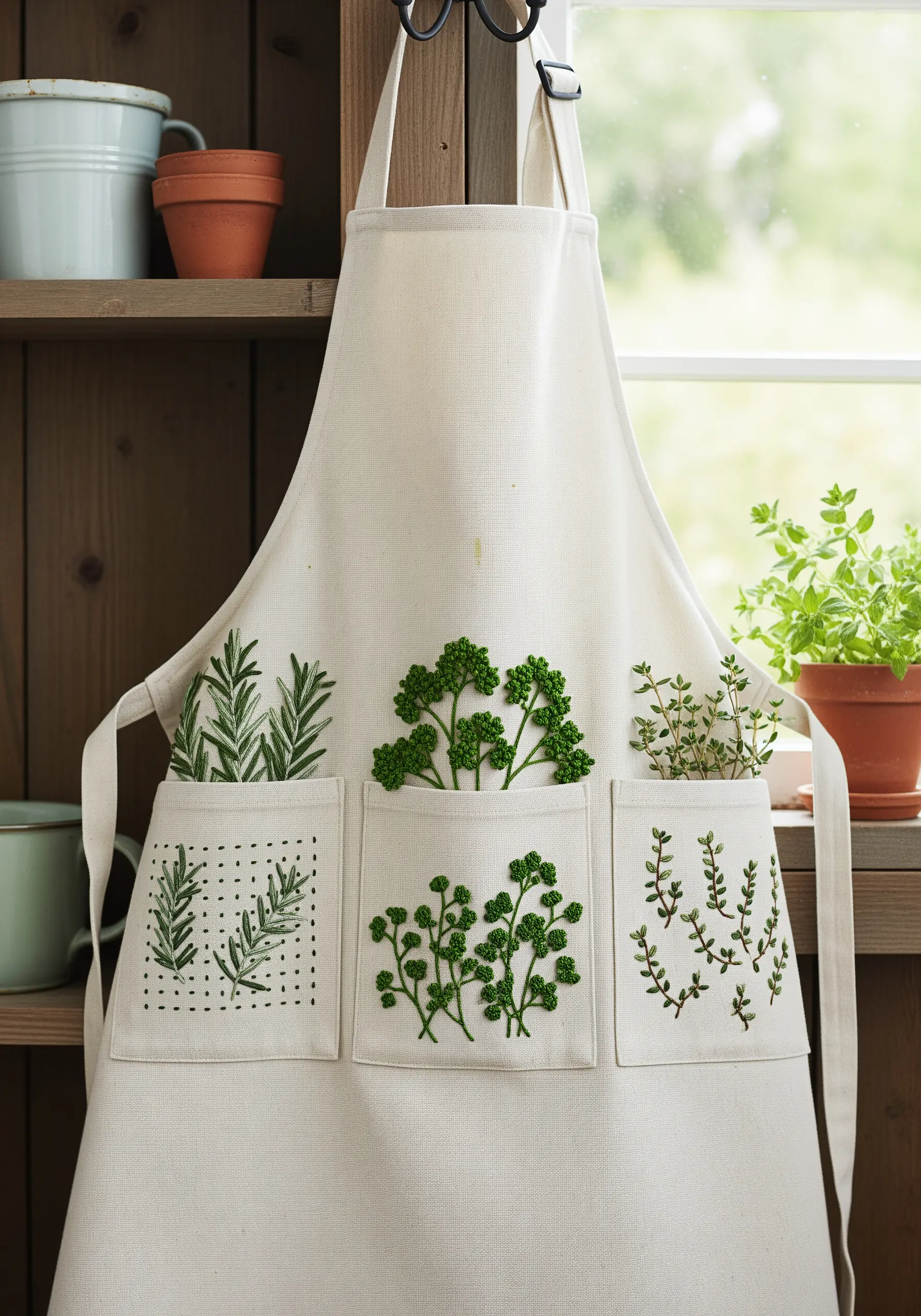Apron with three pockets, each embroidered with a different herb like rosemary and parsley.