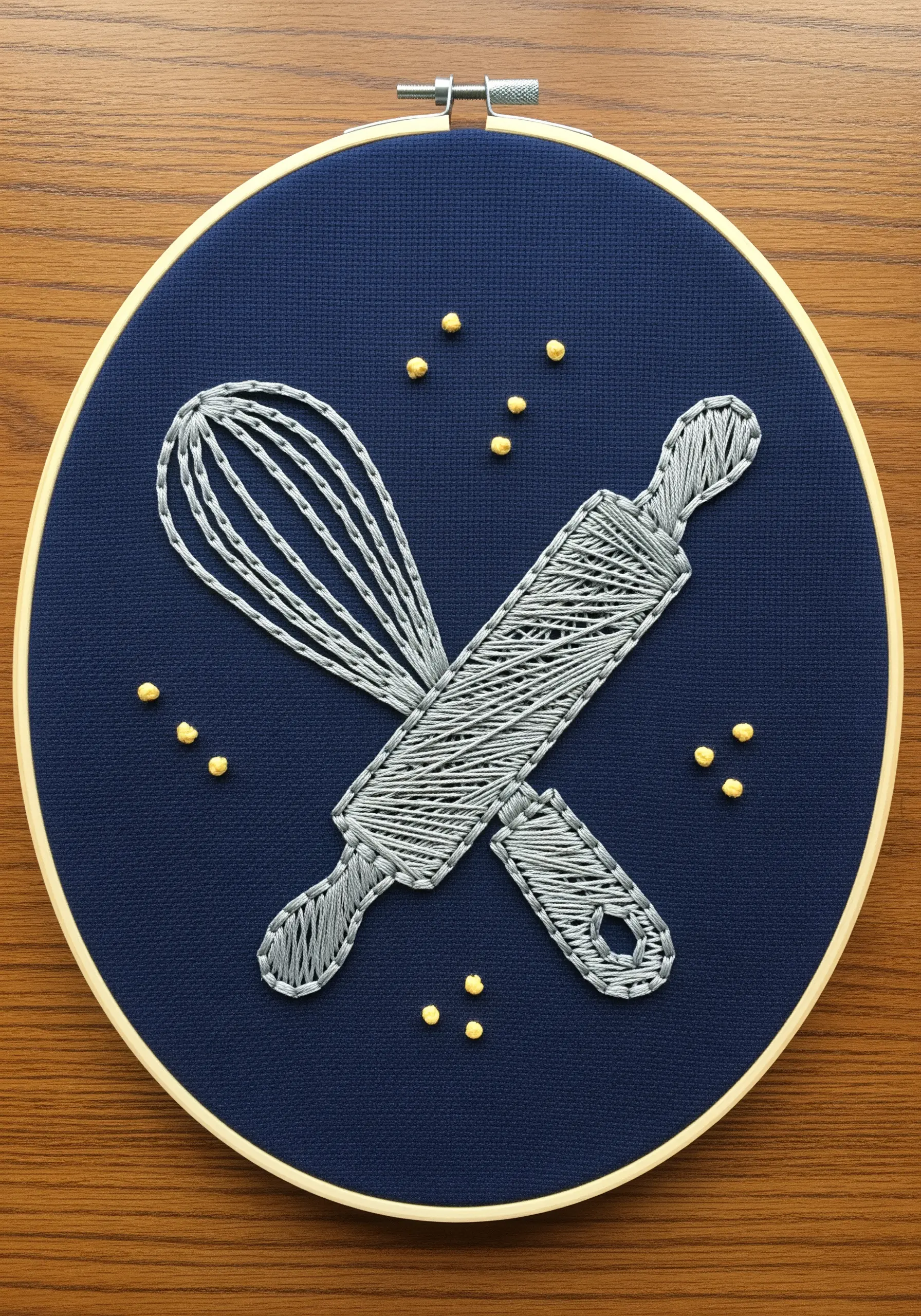 Embroidered whisk and rolling pin in gray thread on blue Aida cloth, with French knot accents.