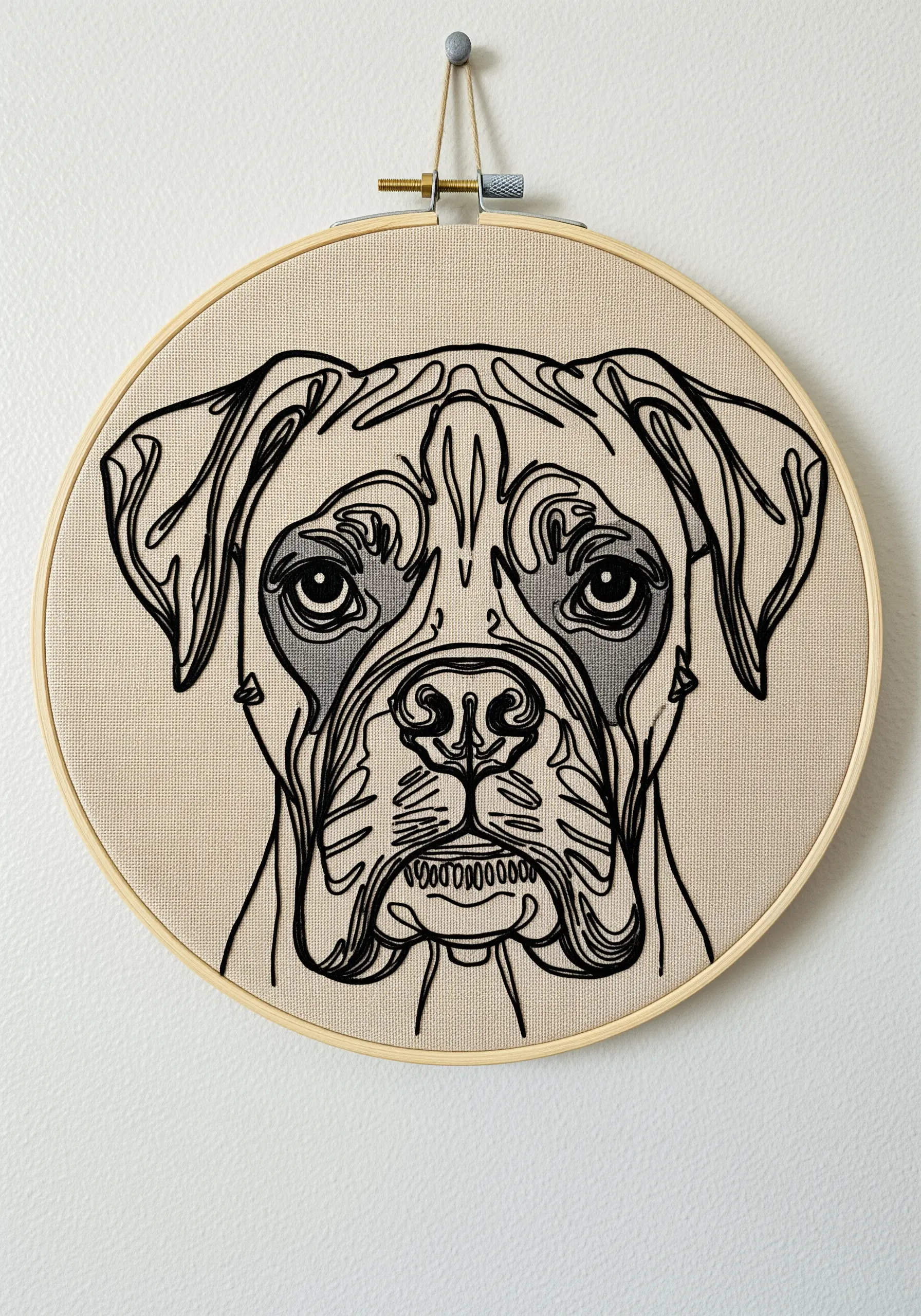 A detailed line art portrait of a Boxer dog with shaded areas around the eyes.