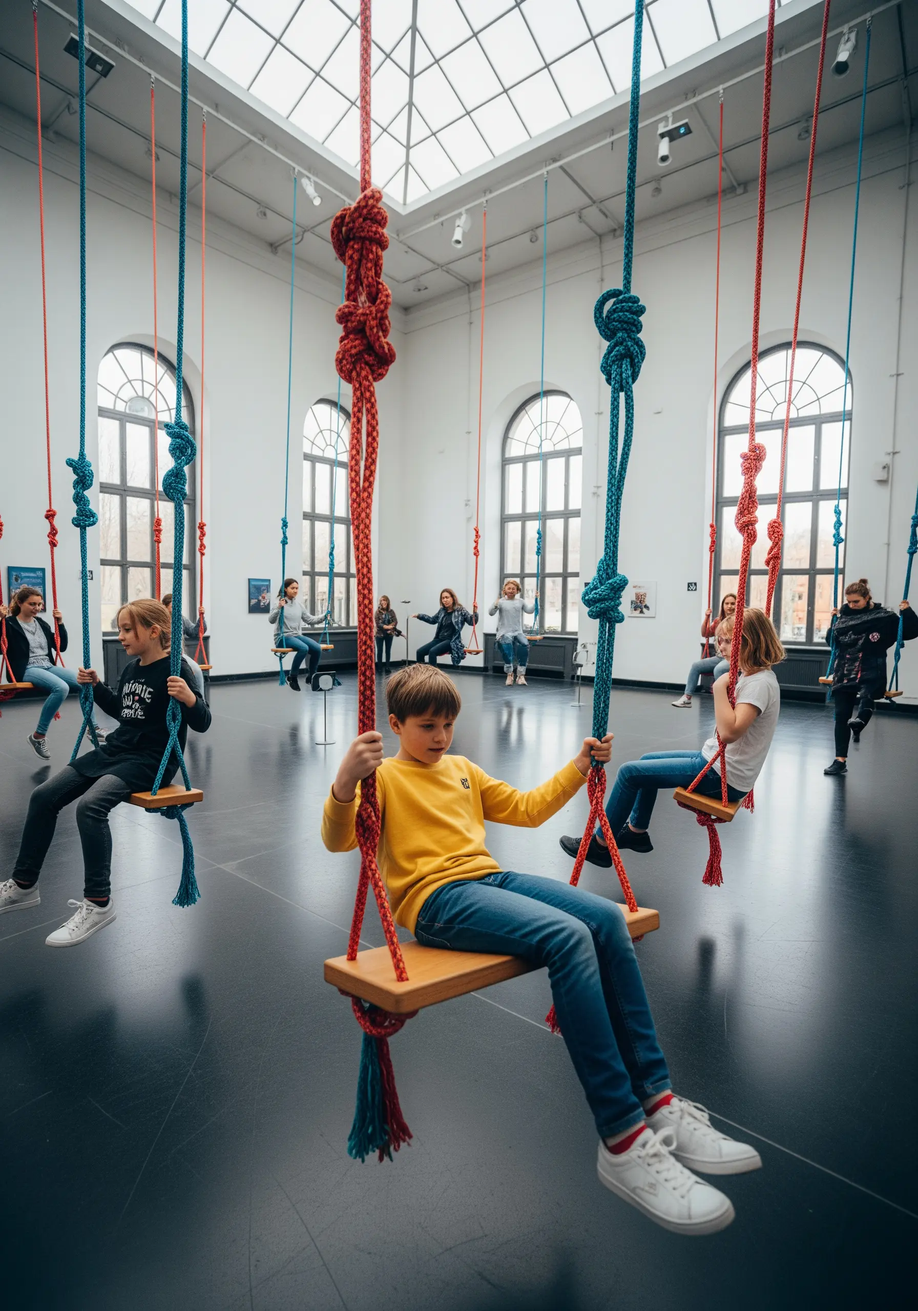 Children and adults on colorful rope swings hanging in a large, bright gallery space.