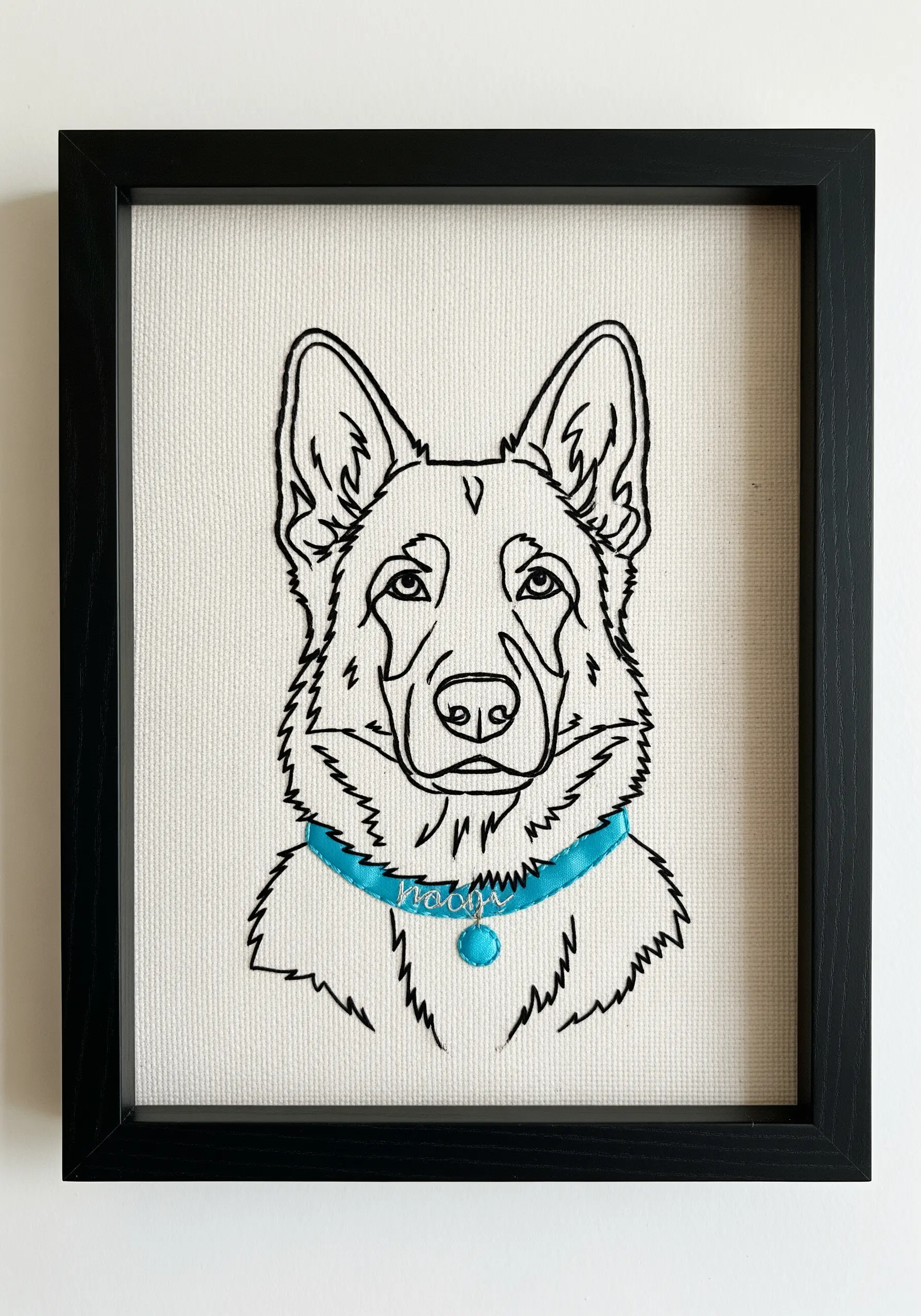 A German shepherd line art portrait with a bright blue satin-stitched collar.