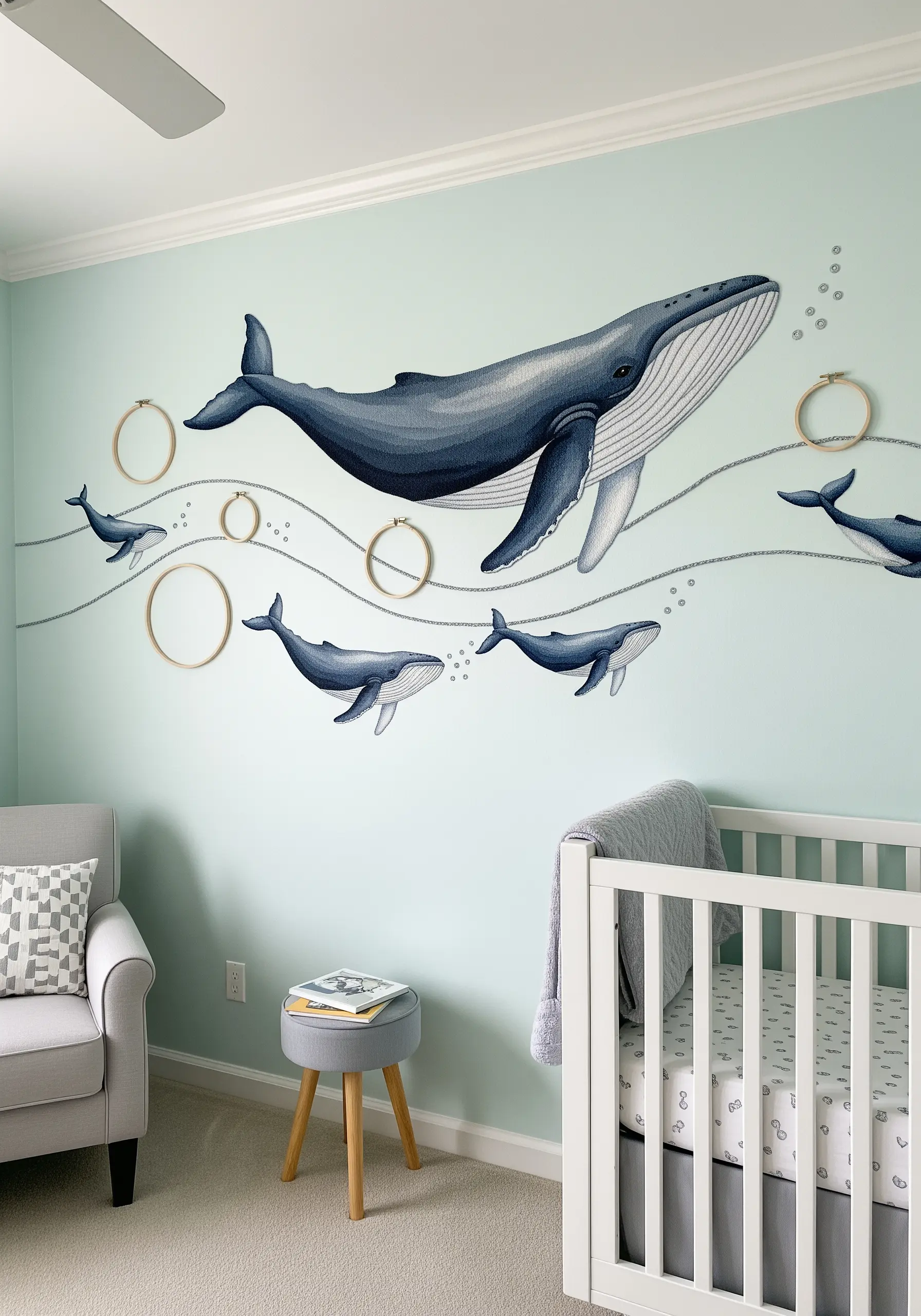 A nursery wall with a large whale decal, accented with embroidery hoops and stitched lines.