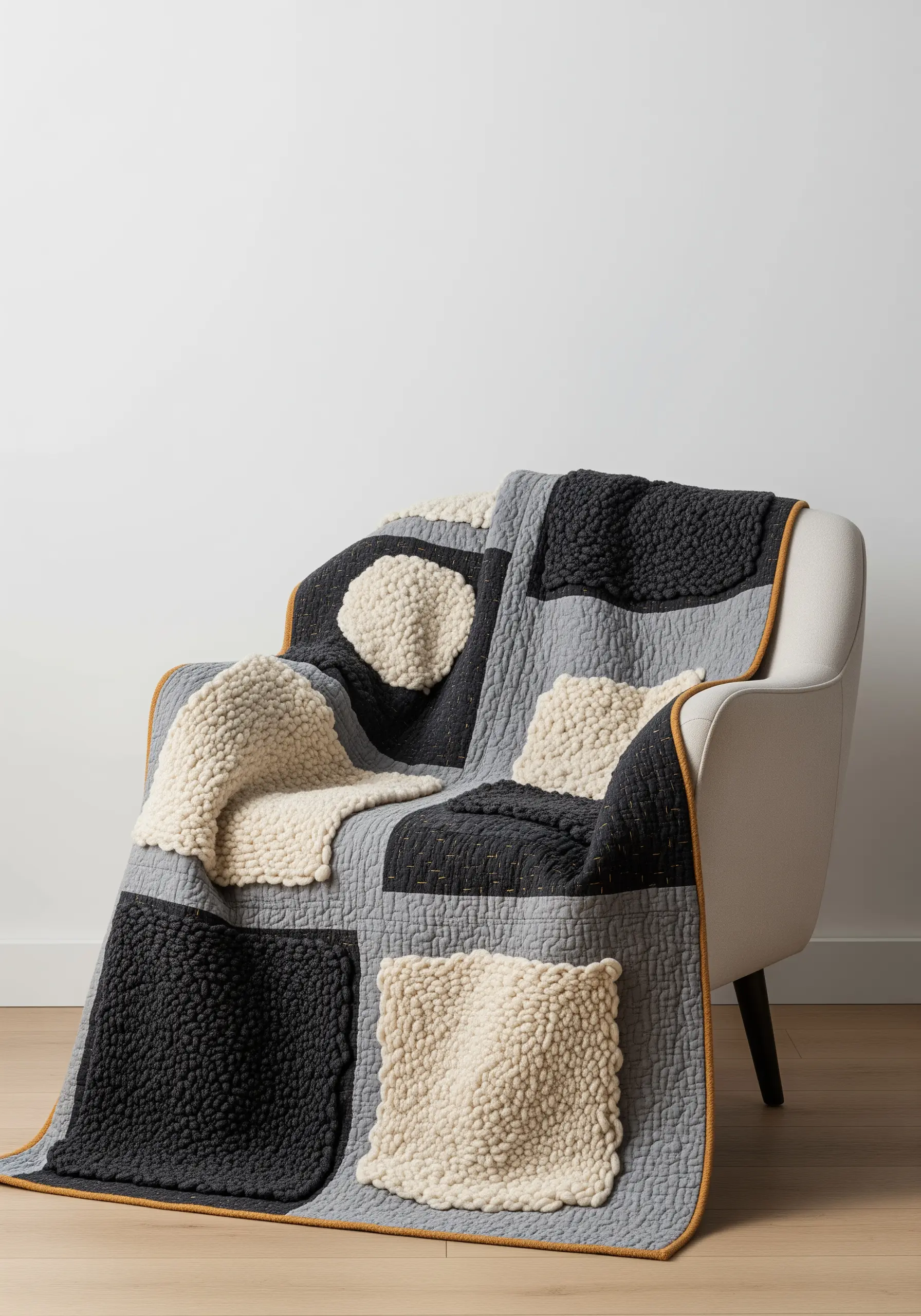 A modern gray quilt with highly textured, chunky cream and charcoal punch needle panels.