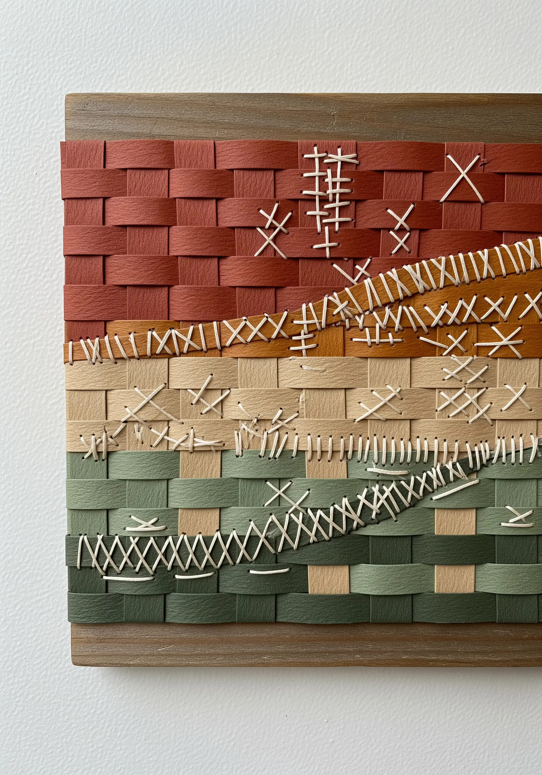 A woven paper panel in shades of terracotta and green, with decorative white stitches added on top.