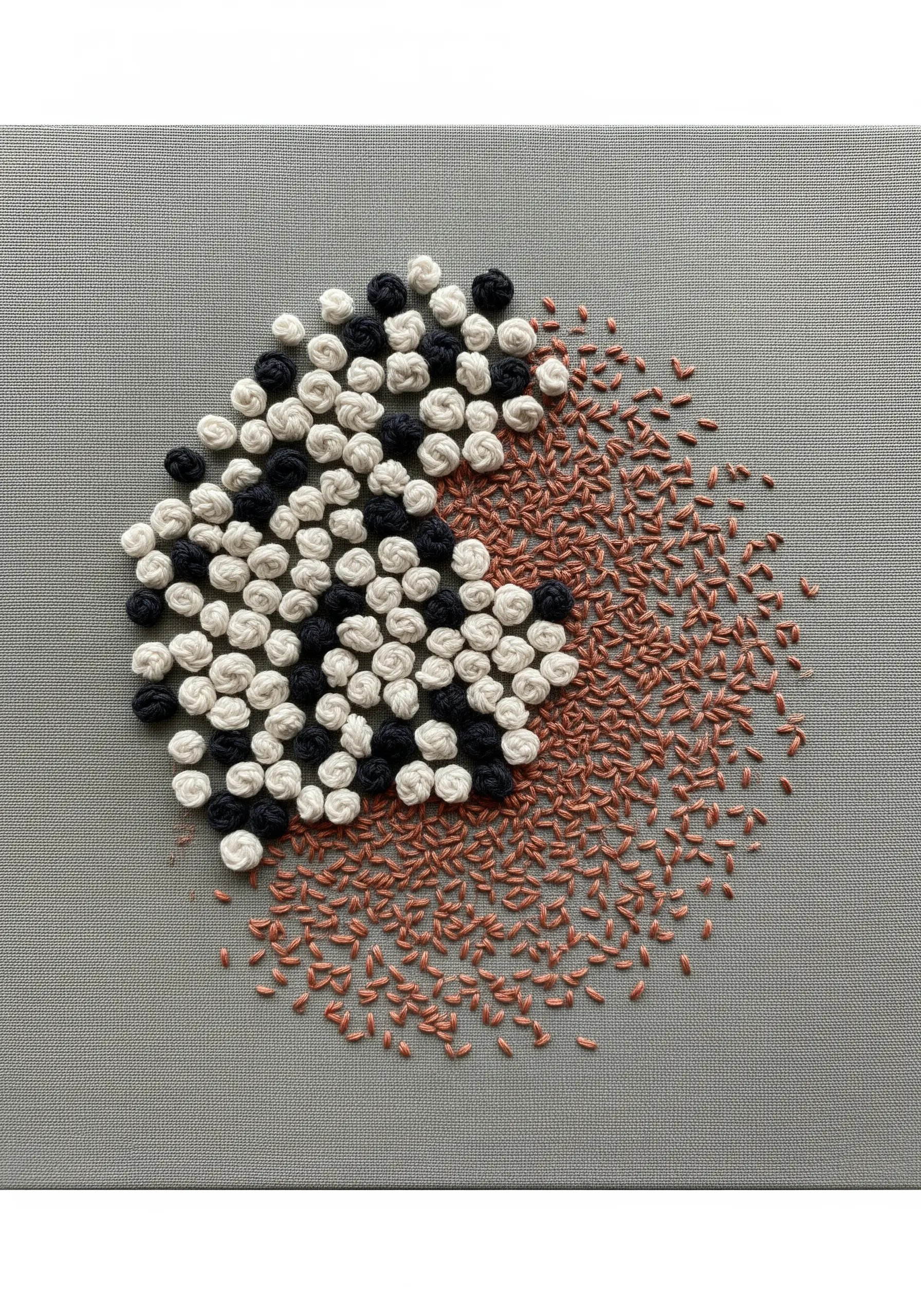Abstract embroidery contrasting dense black and white bullion knots with sparse copper seed stitches.