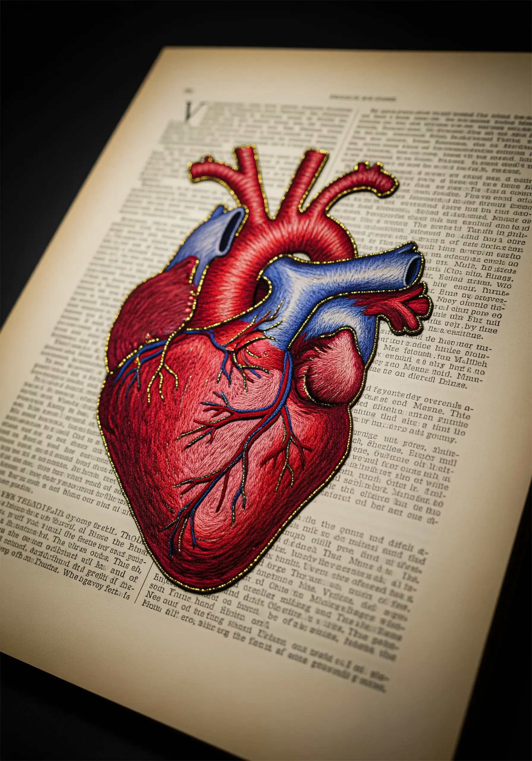 An anatomically correct heart embroidered with red, blue, and gold thread on a vintage book page.