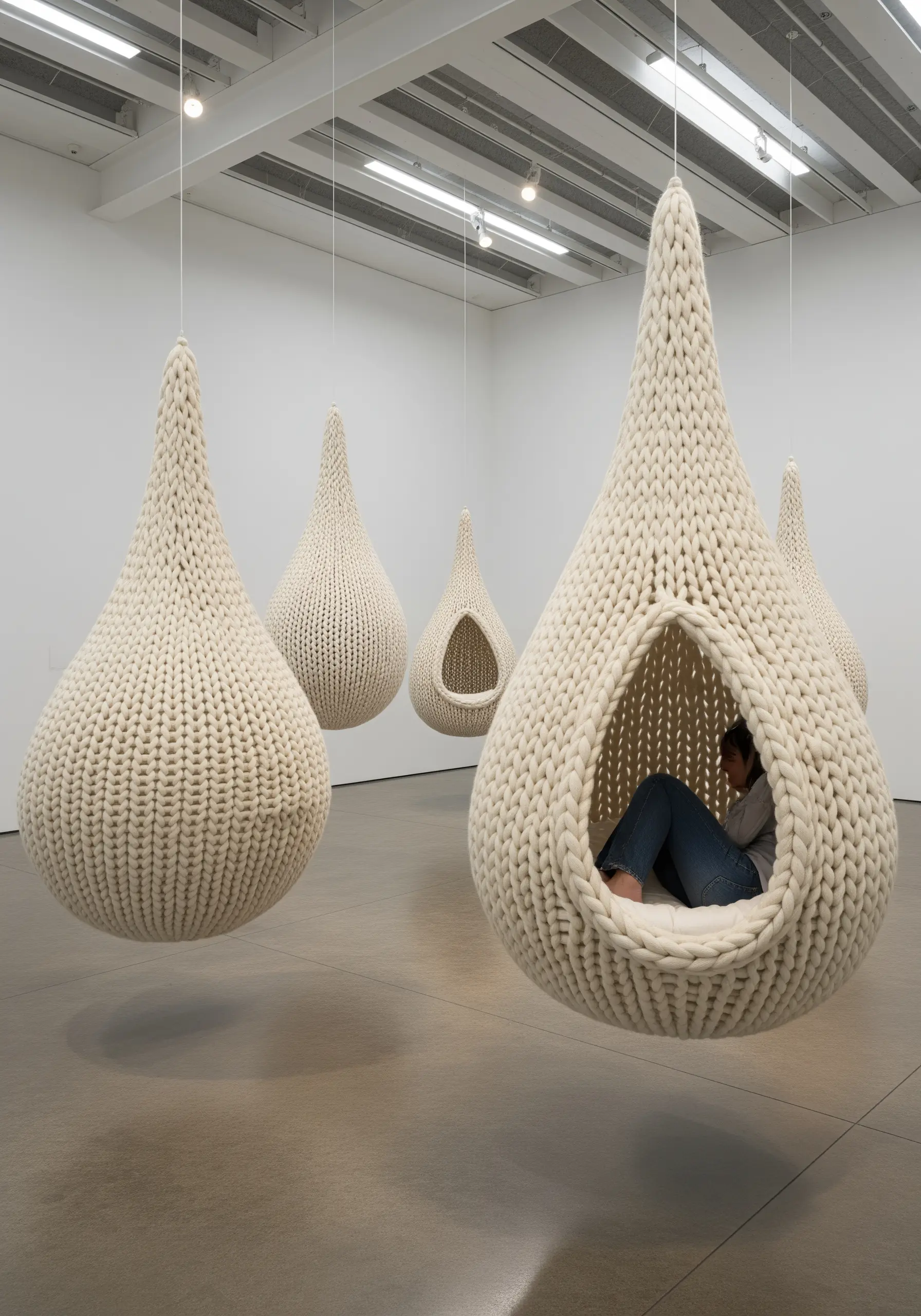 Large, white, knitted teardrop-shaped pods hanging in a gallery, with one person sitting inside.