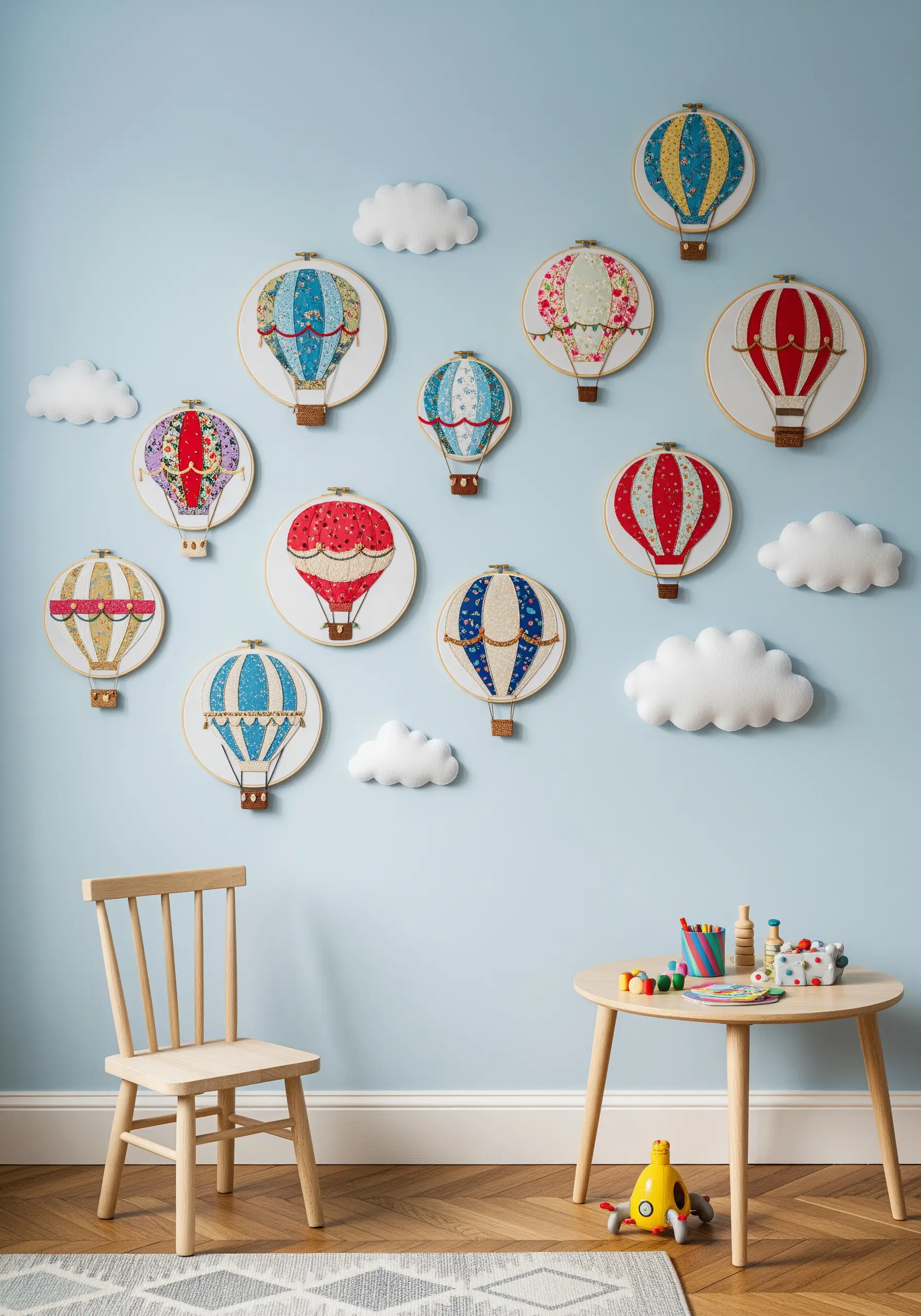 A nursery wall mural featuring embroidered hot air balloons with patterned fabric appliqué.