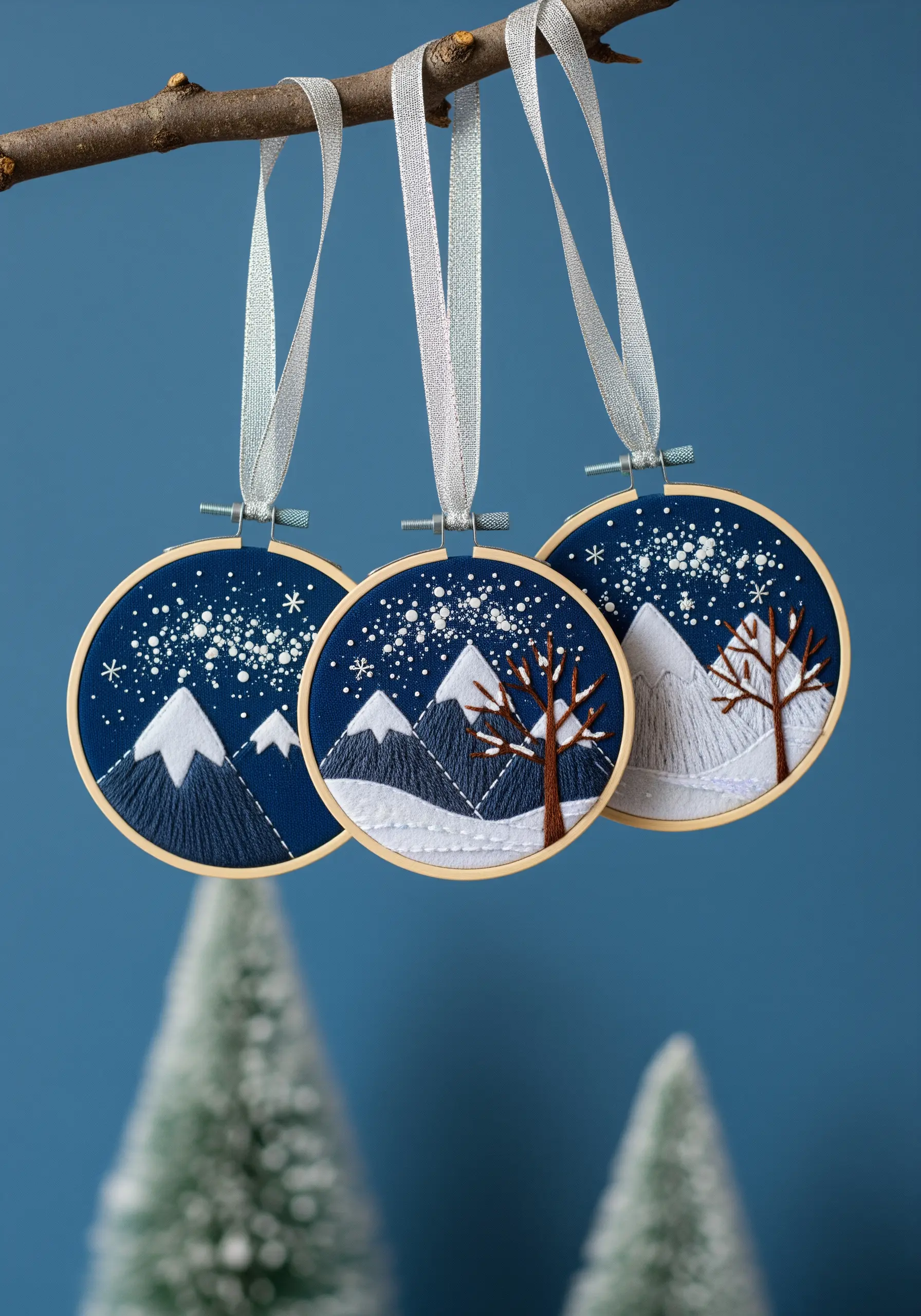 Three winter landscape ornaments with layered felt mountains and embroidered snow details.