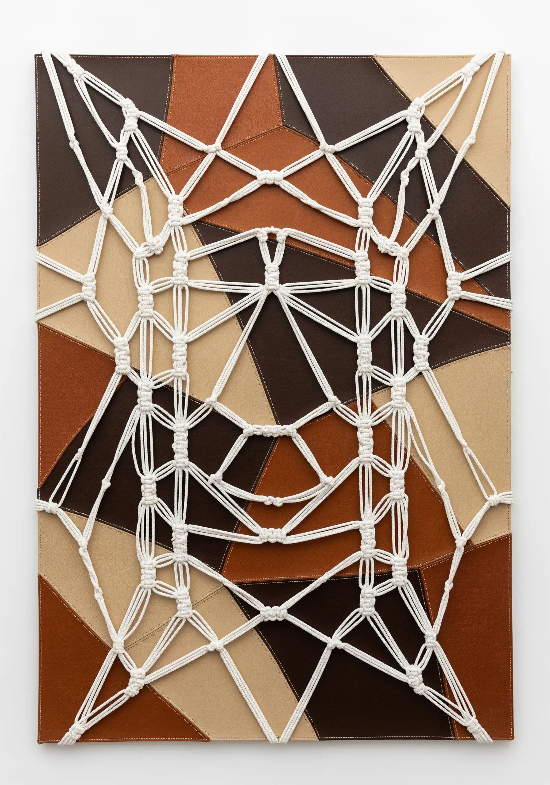 A macrame net layered over a patchwork canvas of brown and beige faux leather.