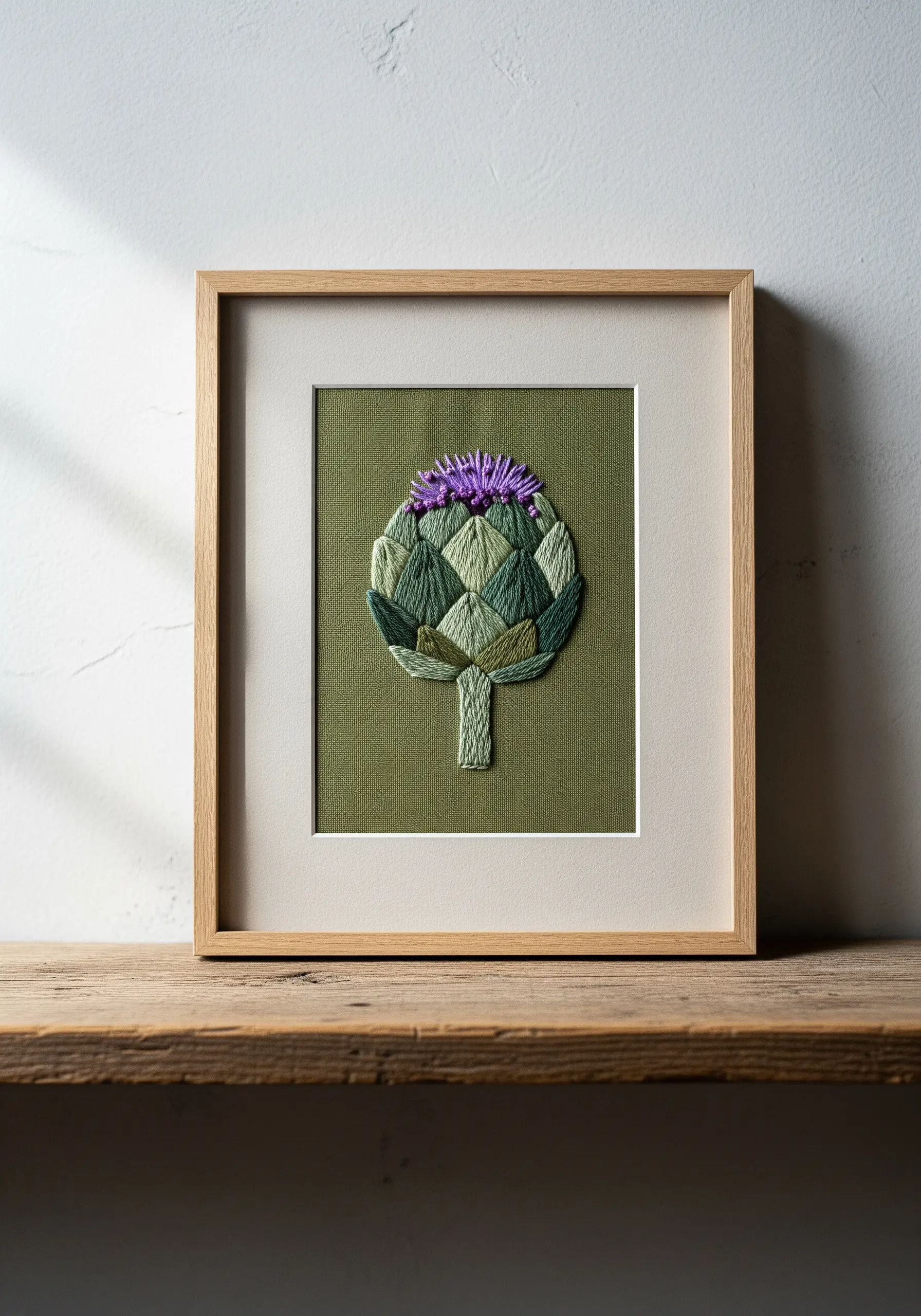 A framed embroidery of an artichoke with layered green leaves and a purple blossom.