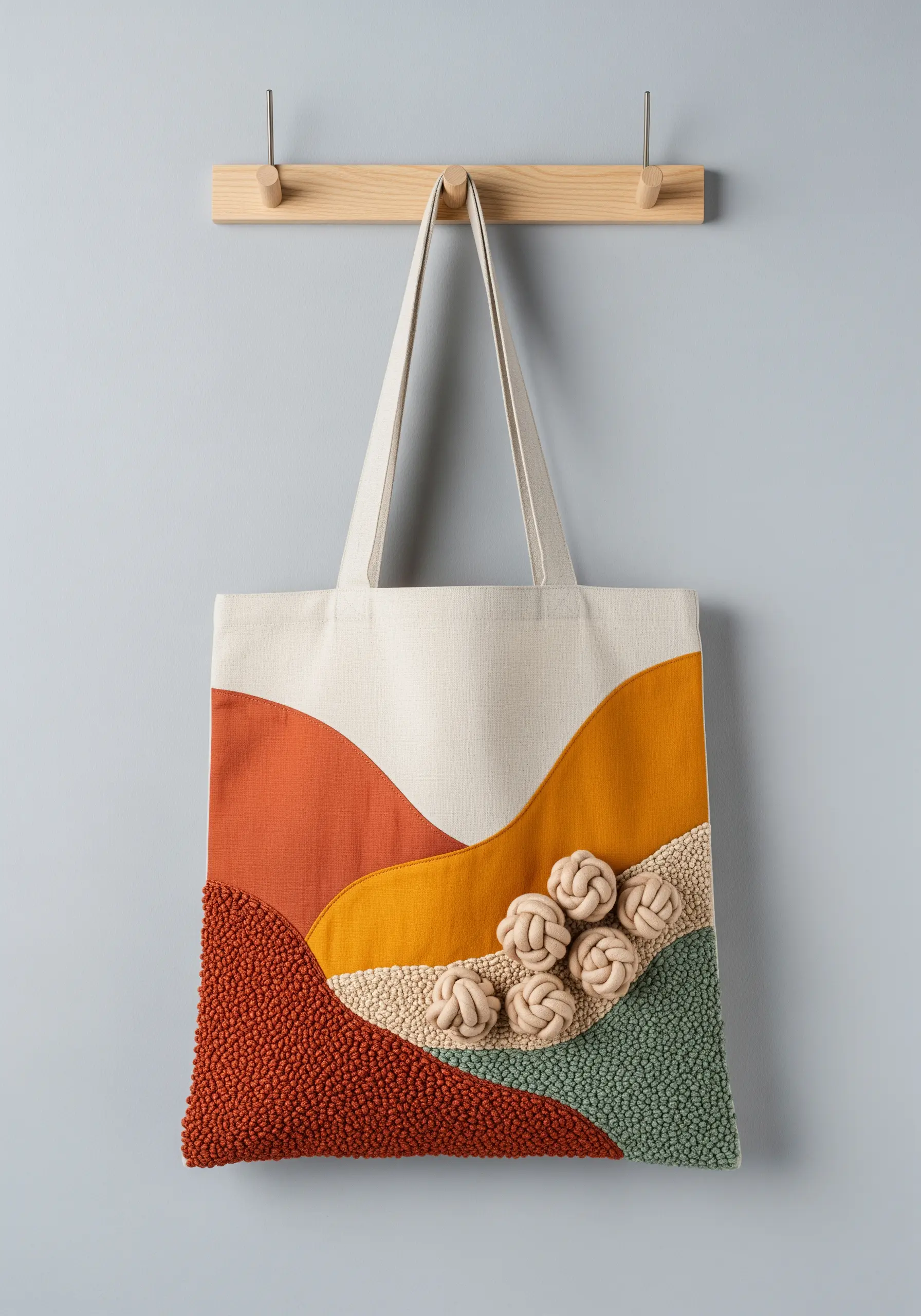 Abstract landscape on a tote bag using French knots, satin stitch, and 3D woven knots.