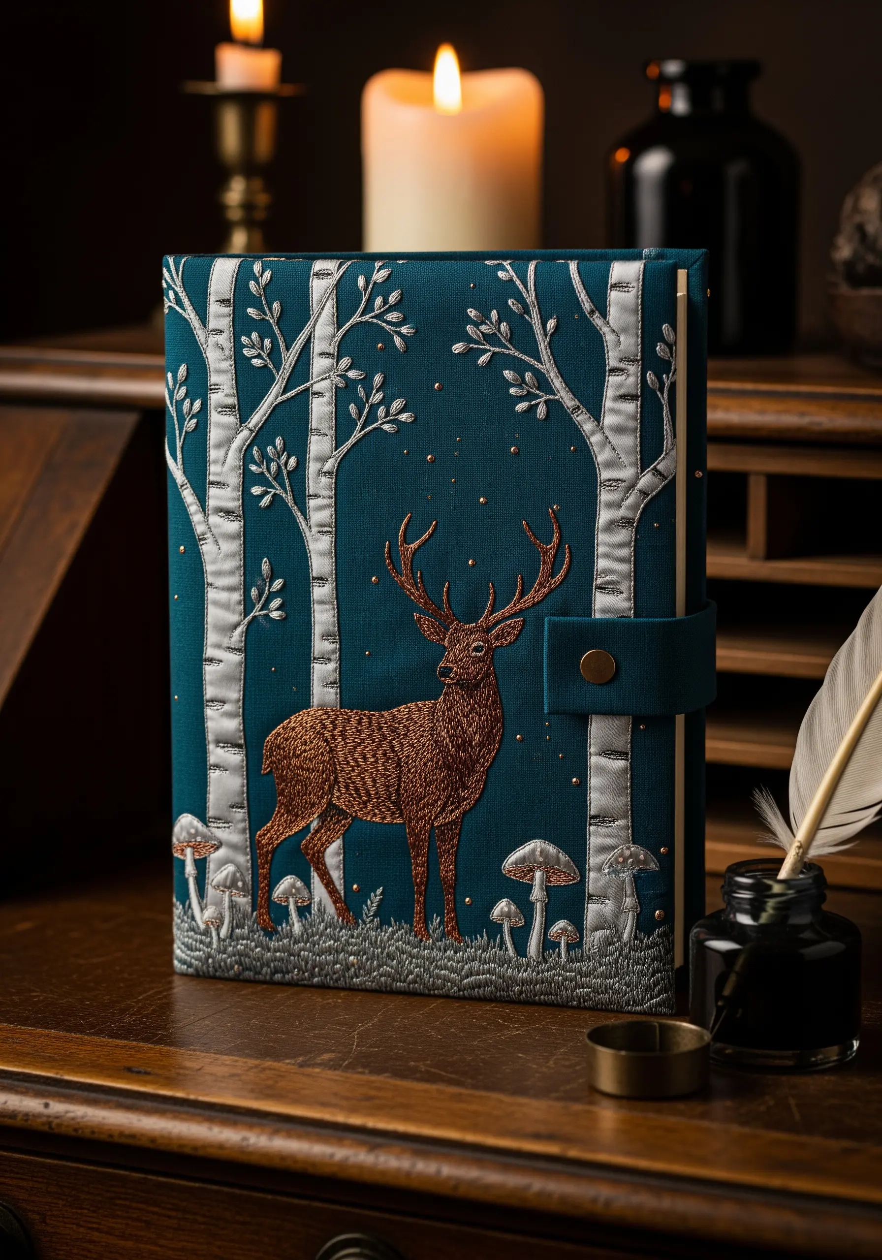 An embroidered journal cover showing a brown deer in a forest of white birch trees and mushrooms.