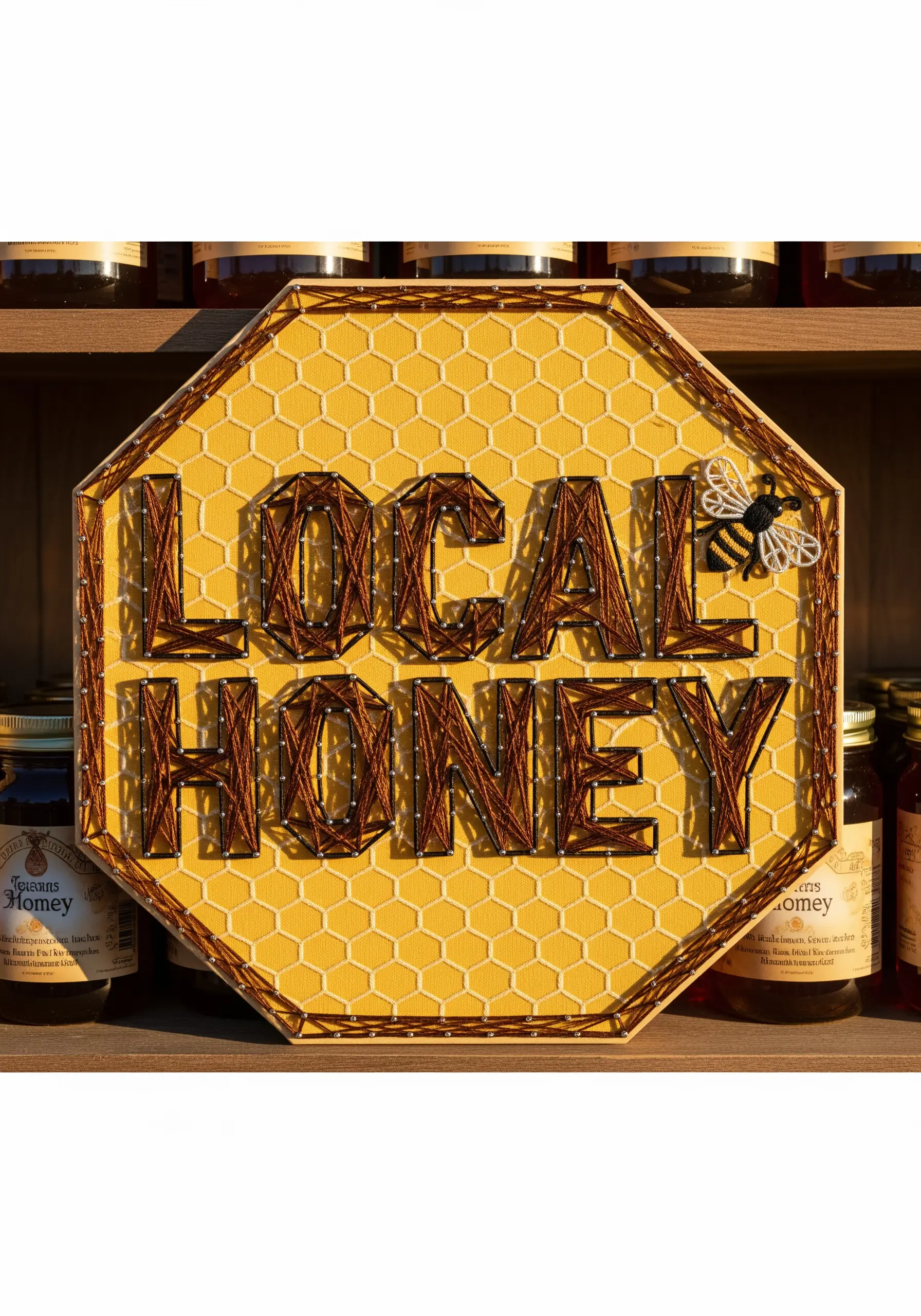 'Local Honey' sign with couched lettering over a stitched honeycomb pattern and a small bee.