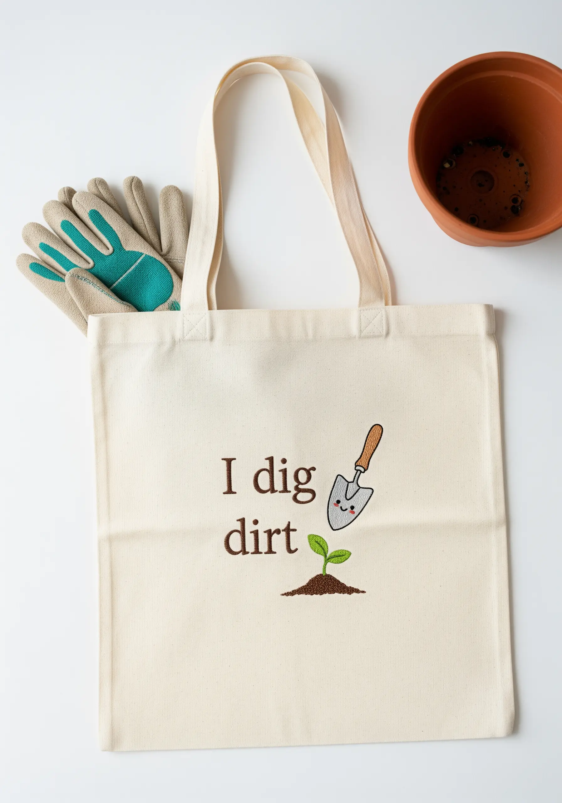 Canvas tote with a simple, cute embroidery design: 'I dig dirt' and a smiling trowel.
