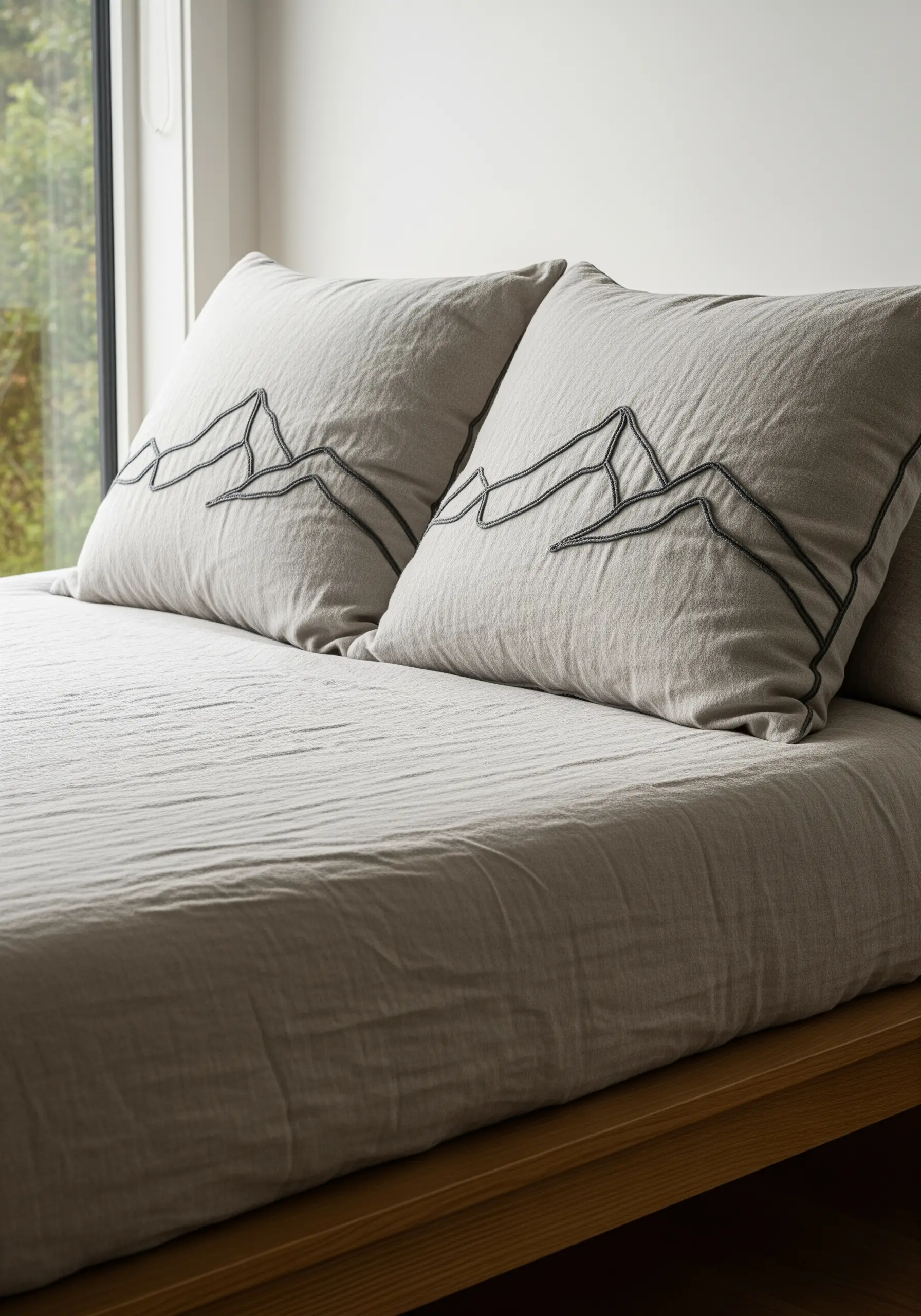 Minimalist mountain range outline stitched on neutral linen pillows.