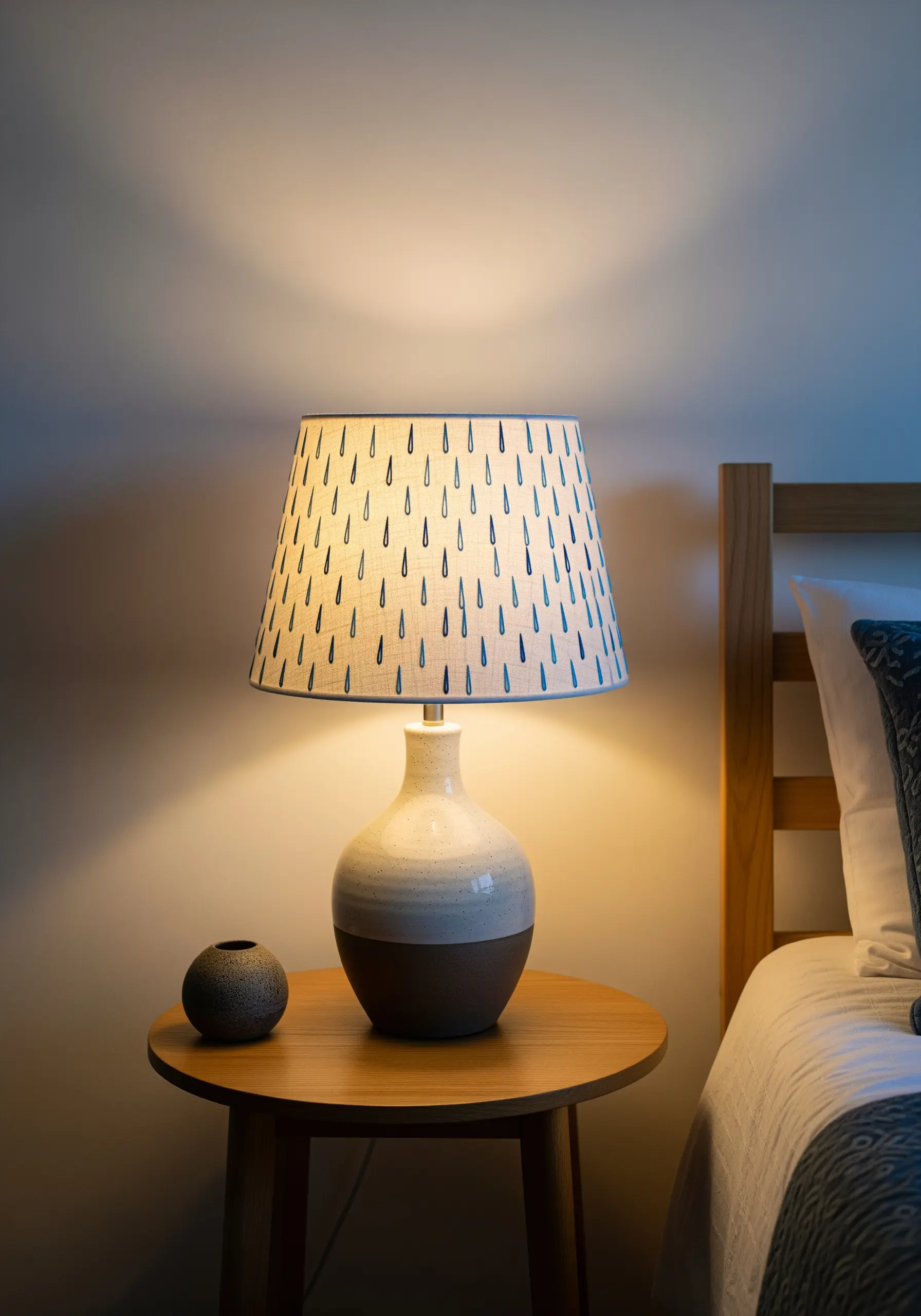 Embroidered blue raindrop pattern on a cream-colored fabric lampshade.