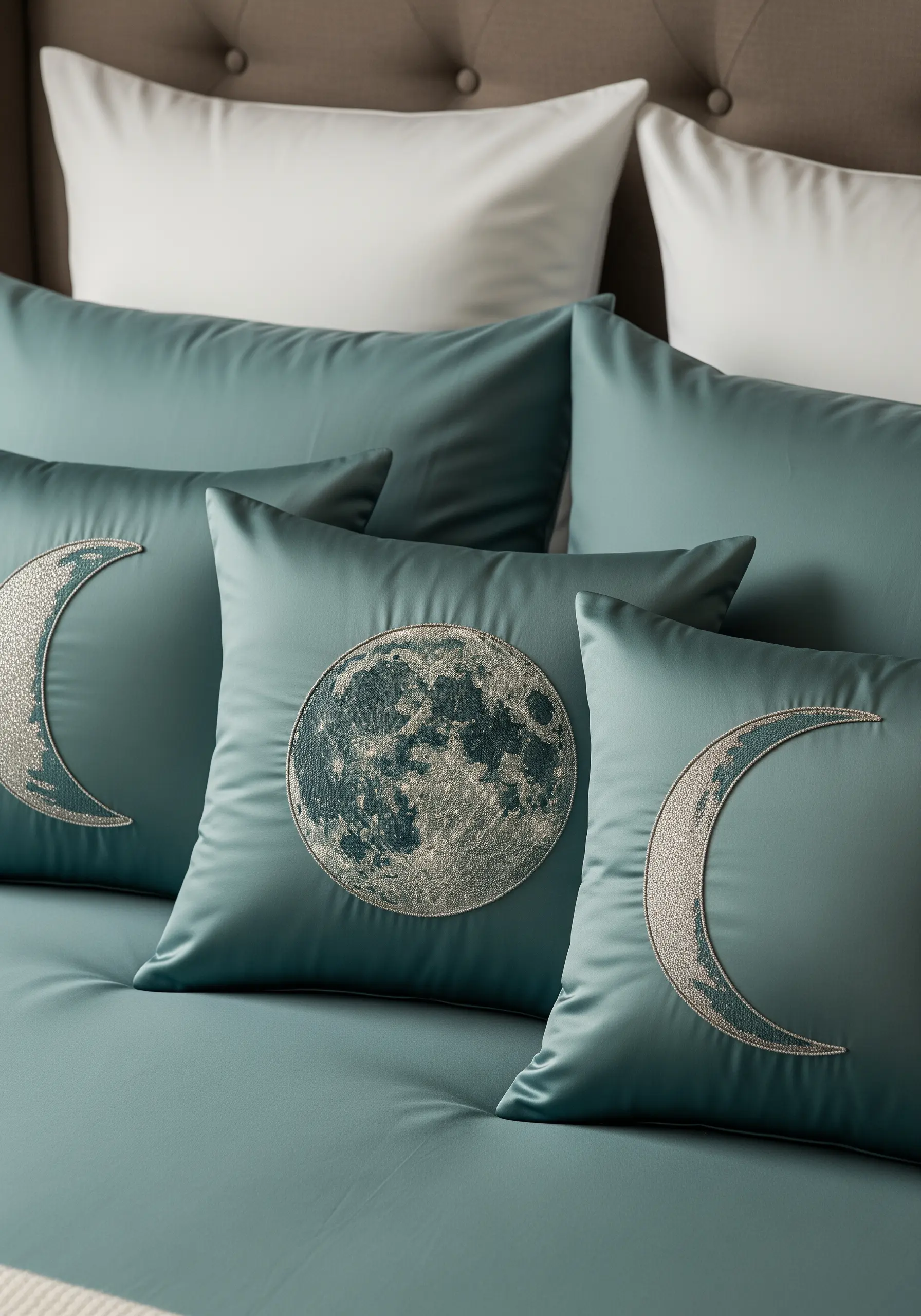 Blue satin pillows with embroidered lunar phases, including a textured full moon.
