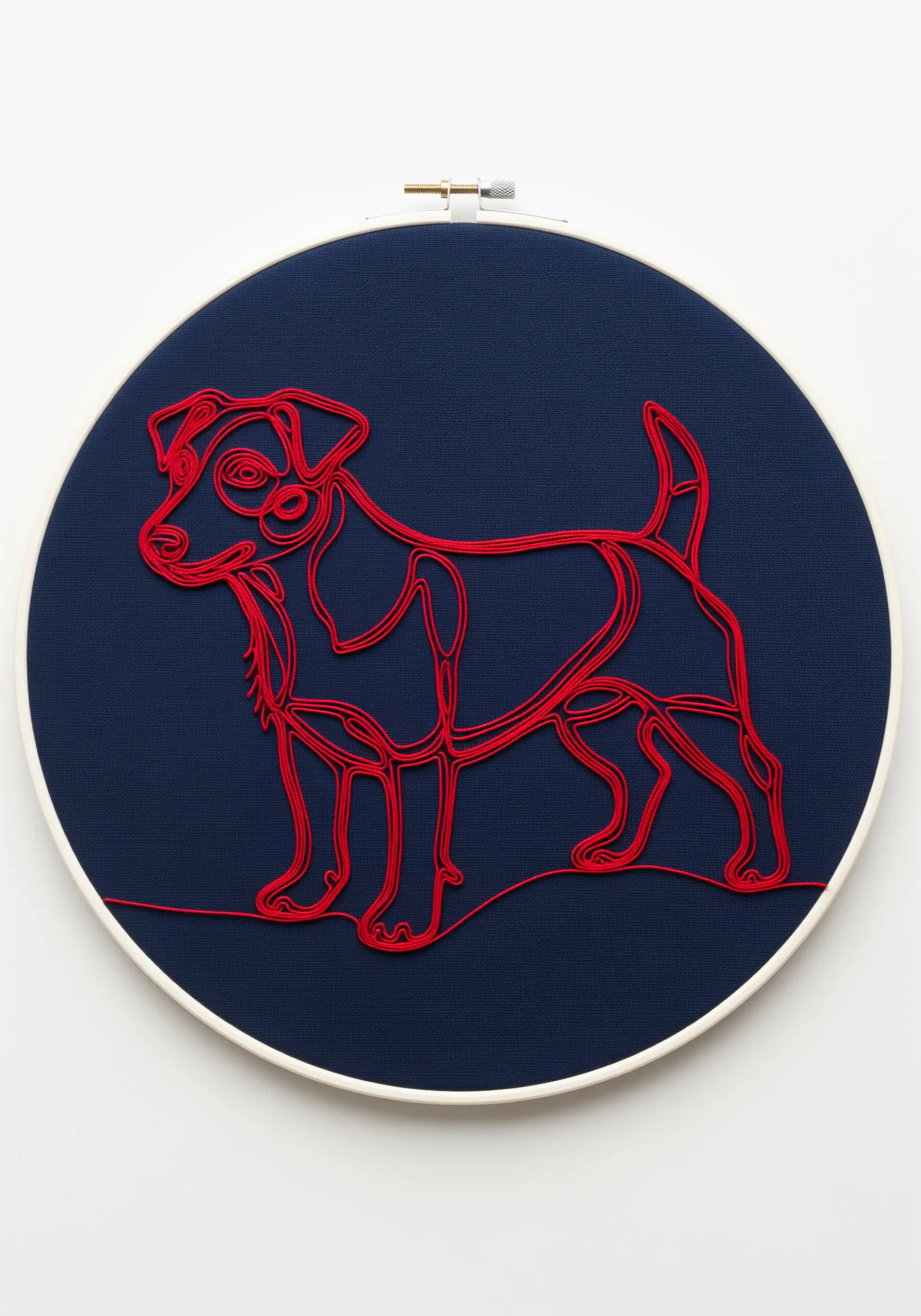A continuous line art dog embroidered in bright red thread on a dark navy blue background.