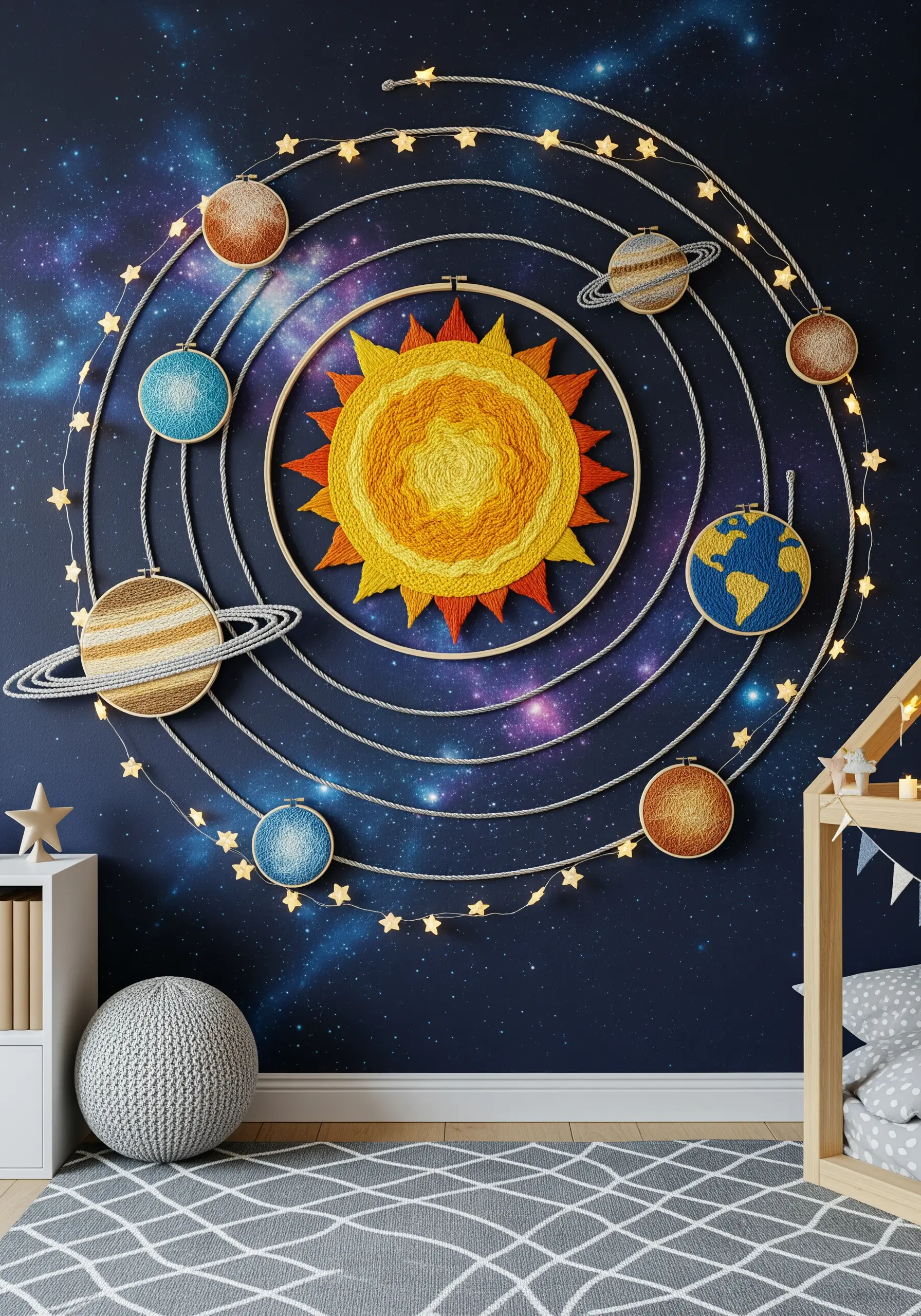 A solar system mural made of embroidered hoops connected by cords on a galaxy-themed wall.