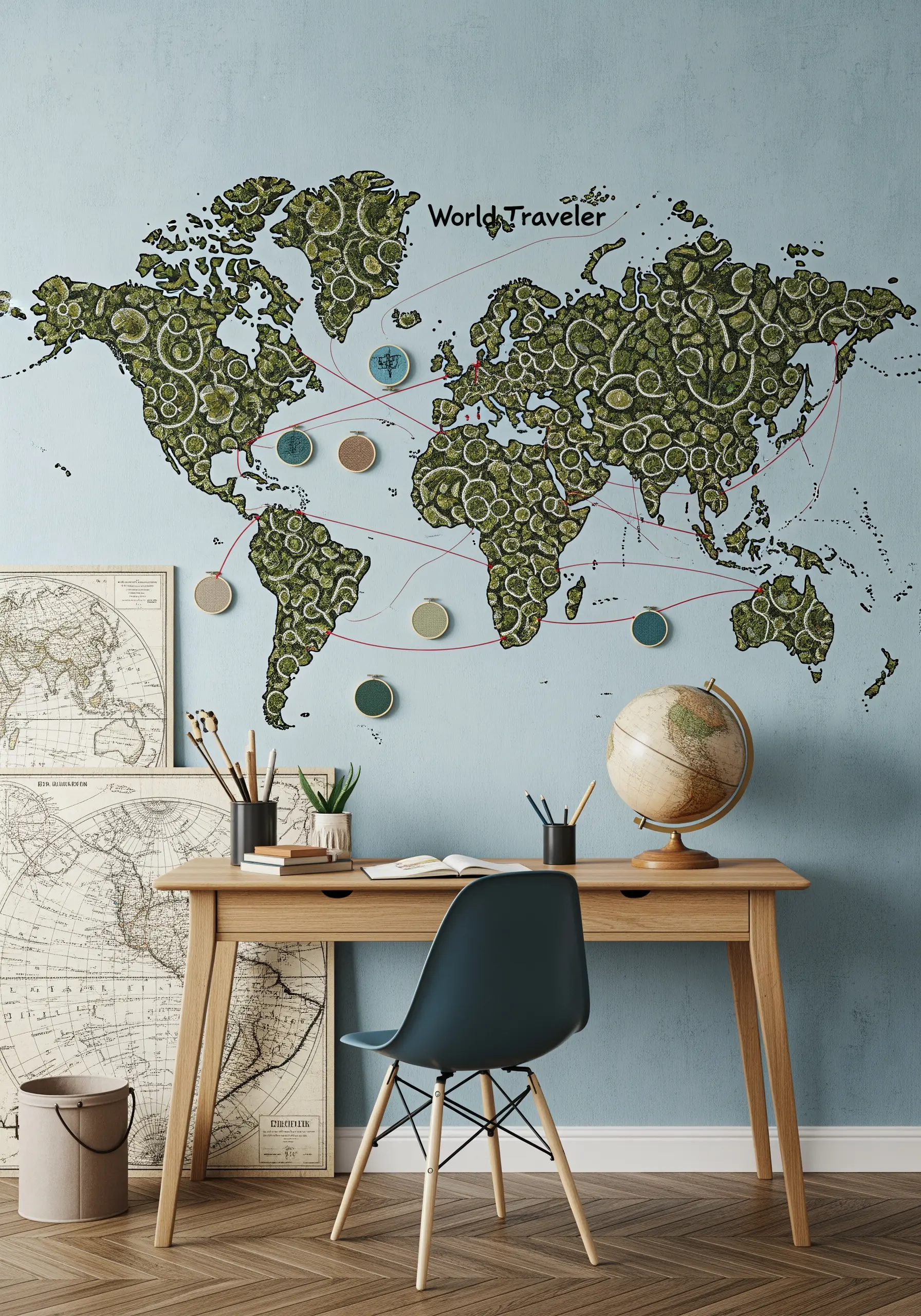 A large world map on a wall, with continents made of textured embroidery and travel routes marked.